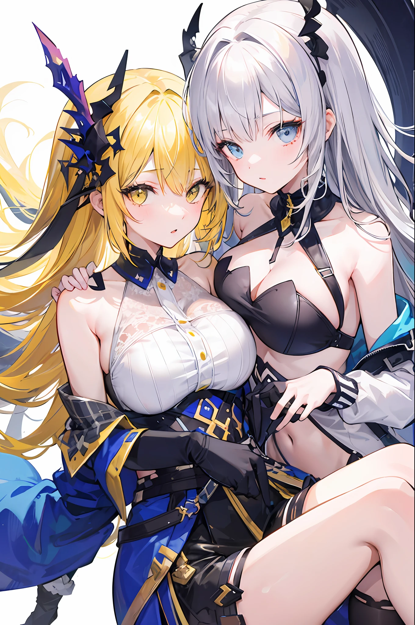 2girls，Gray hair versus yellow hair，Frolic，Bigchest，White-colored skin，