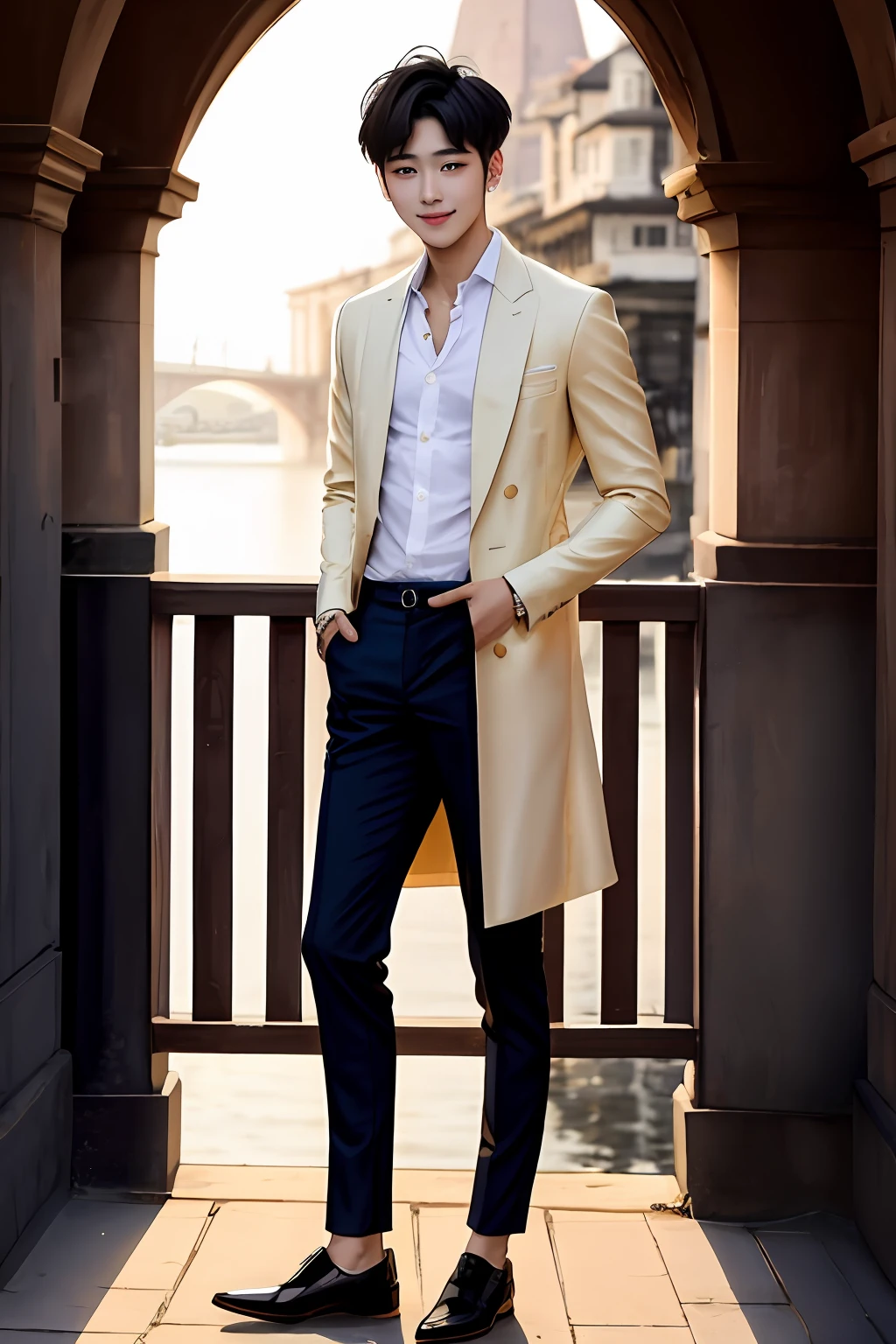 A 21-year-old prince,Light gold fluffy small curls,Amber eyes,The bridge of the nose is high,Smile lips,Height 183,Wide shoulders and narrow waist,The legs are long and straight,