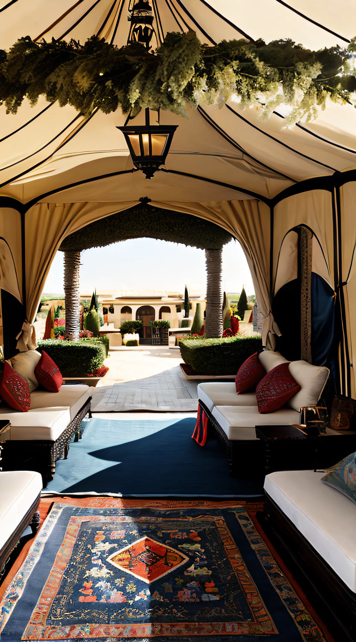 (masterpiece, best quality, photo-realistic, rich background:1.2), Group of businesspeople, (immaculate suits:1.1), intense negotiations, inside (opulent Bedouin tent:1.3), vibrant cushions, patterned carpets, gleaming brass tray, traditional tea glasses, front yard of opulent villa, sculpted topiary, ivy-clad stone walls, (imposing villa entrance:1.2), soft dusk light, warm colors, serious, diagonal perspective, viewing from tent entrance.