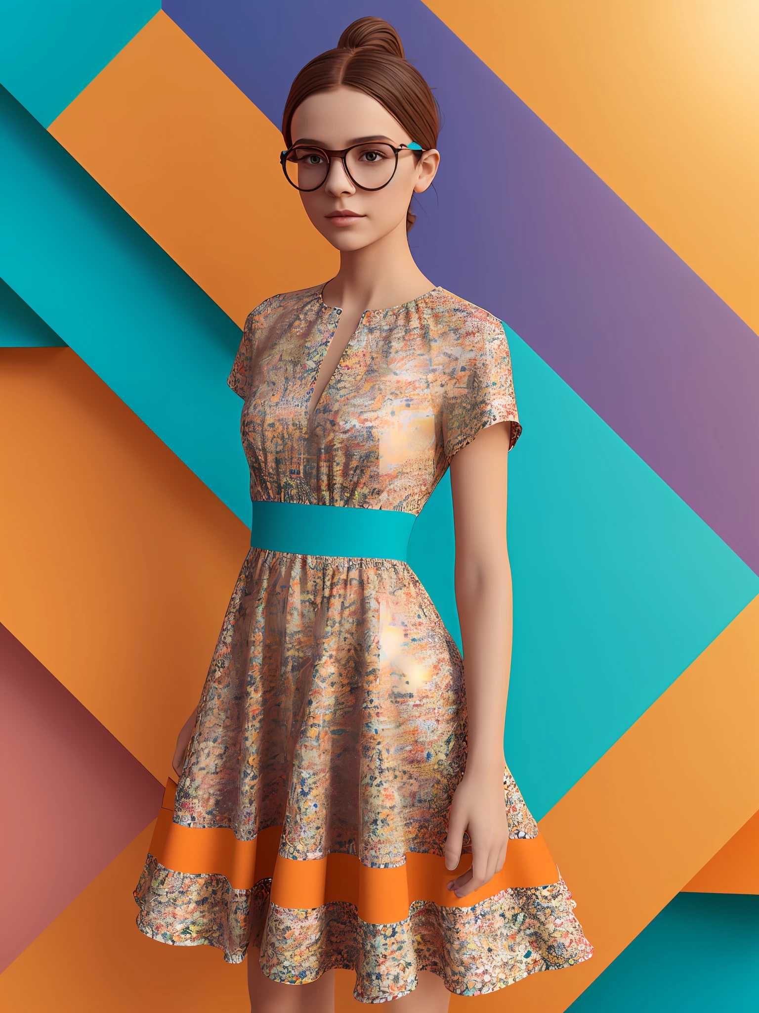 a young girl wearing orange glasses and a dress in a 3 d render, in the style of vibrant geometrics, white and azure, polished metamorphosis, color-blocked shapes, sun-soaked colours, colour materiality, bold yet graceful