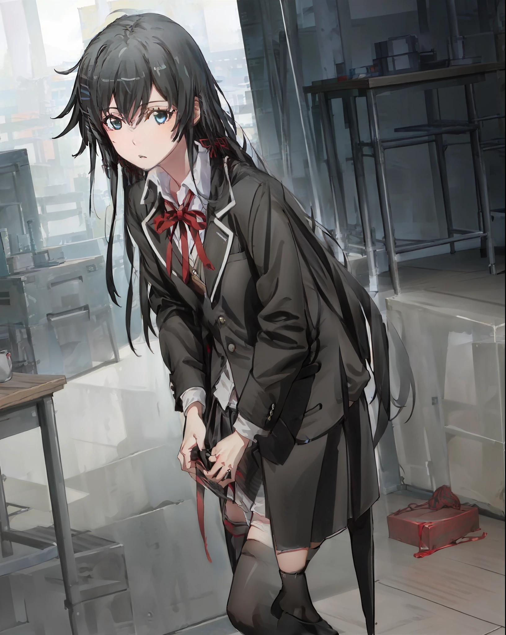 A detailed,masterpiece,ultra detali,(solo),(1girl),(Elaborate Eyes),(White background:1.3),yukinoshita_yukino,long_hair,sobu_high_school_uniform,black_hair,red_ribbon,black_jacket,blue eyes,miniskirt,black thighhighs,black skirt ,