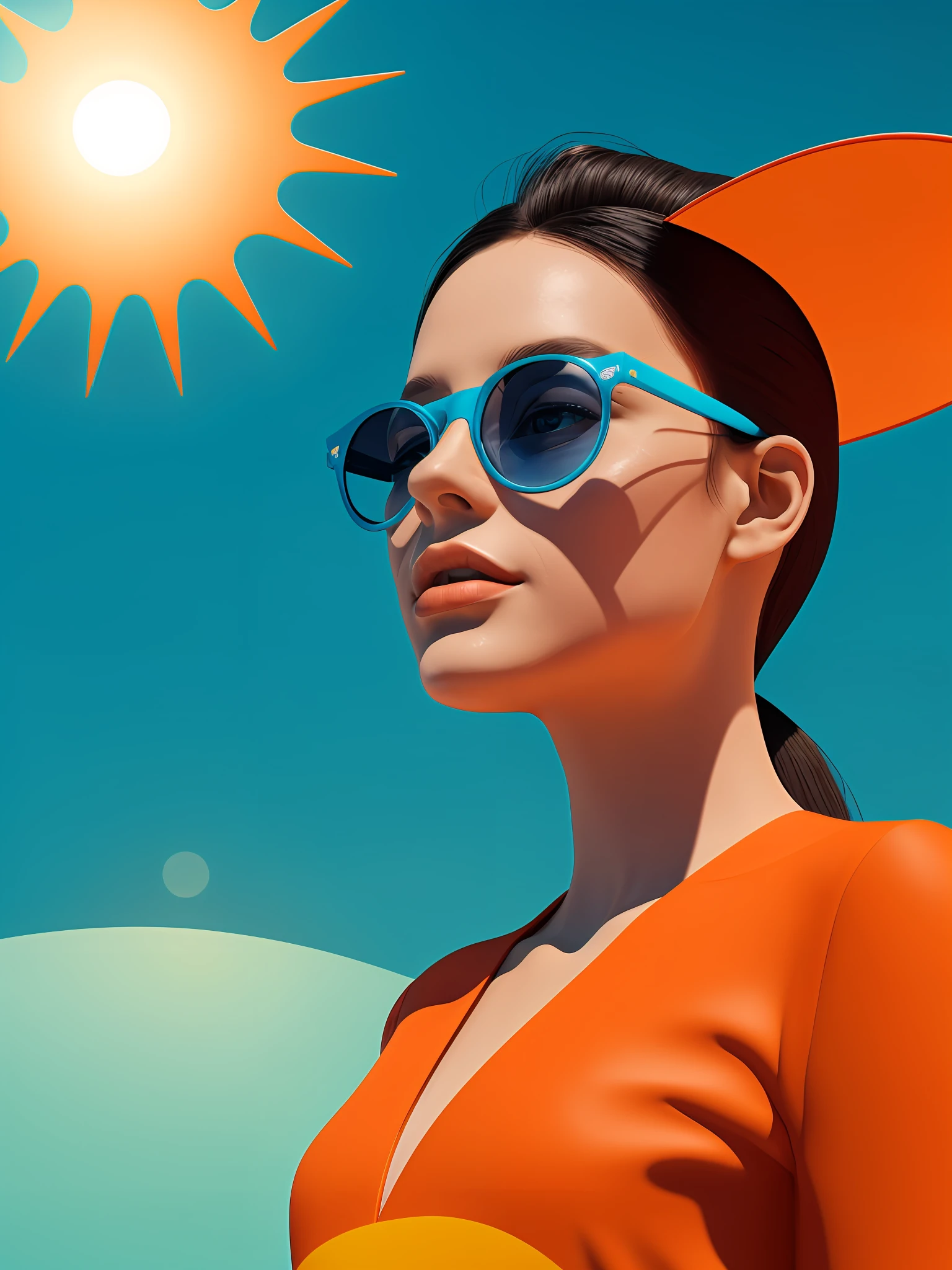 a young girl wearing orange glasses and a dress in a 3 d render, in the style of vibrant geometrics, white and azure, polished metamorphosis, color-blocked shapes, sun-soaked colours, colour materiality, bold yet graceful