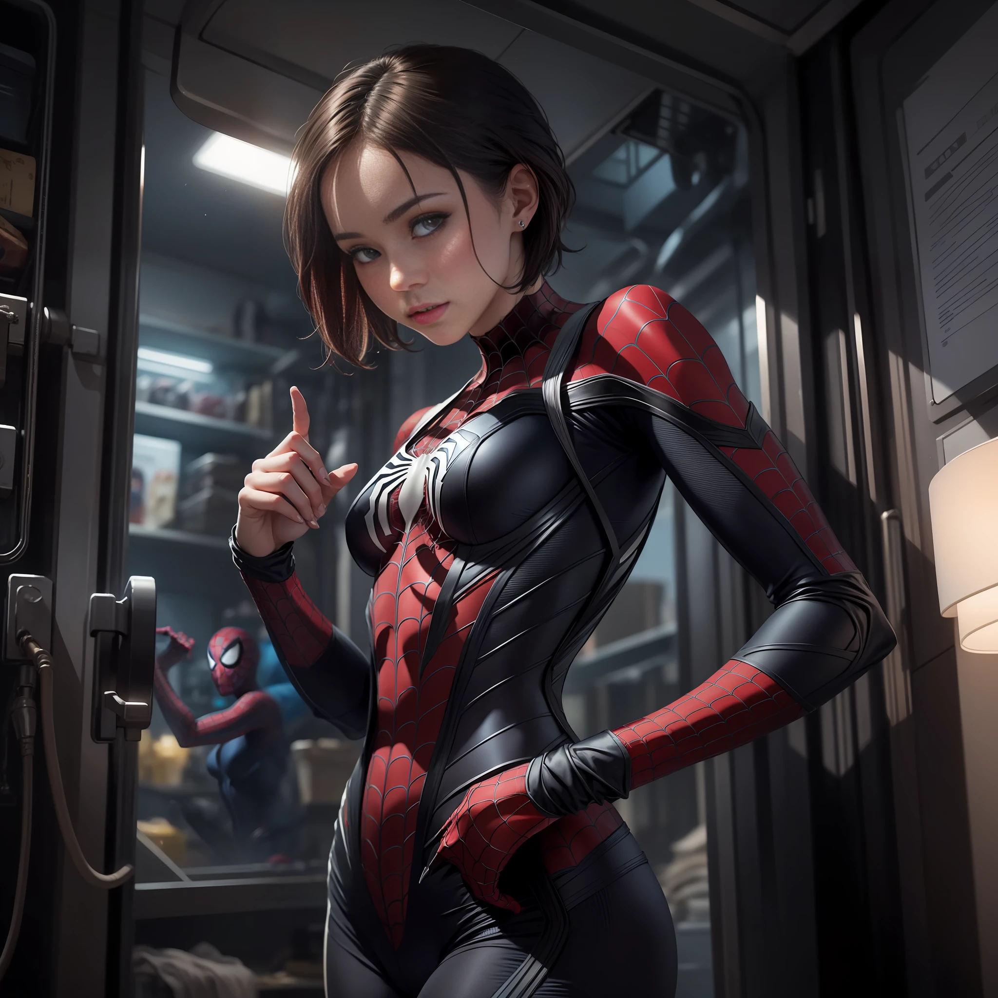 tmasterpiece, High- sharpness, Best quality at best, 1girll,wearing spider-man clothes,super detail,8k,Handsome girl with short hair --auto