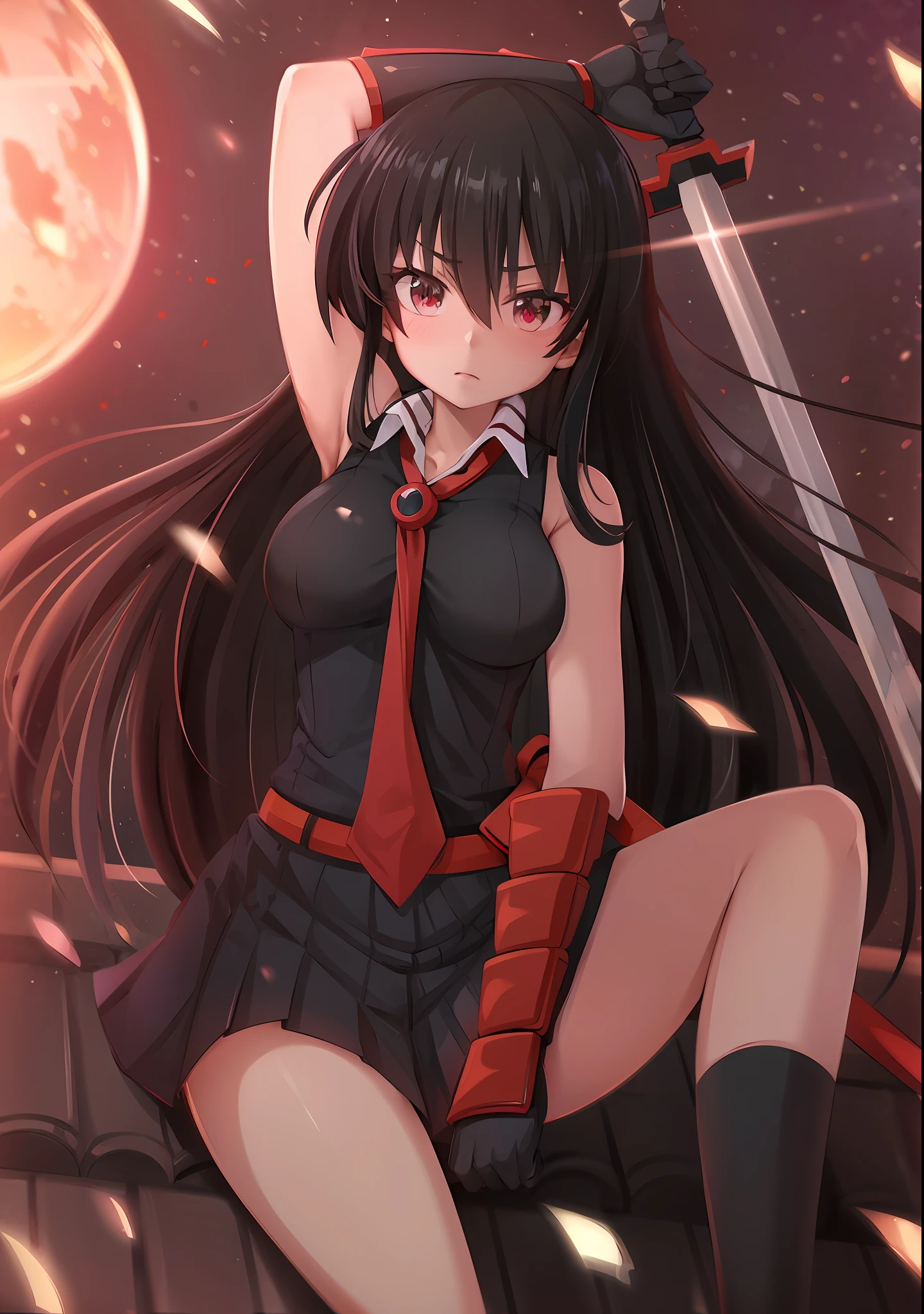 anime girl with sword and red dress sitting on a ledge, Yandere, gapmoe Yandere grimdark, gapmoe Yandere, attractive matoi ryuko, anime moe art style, Badass anime 8 K, style of anime4 K, seductive anime girls, demon anime girl, Yandere. Tall, ryuko matoi, author：Hosomura Kane