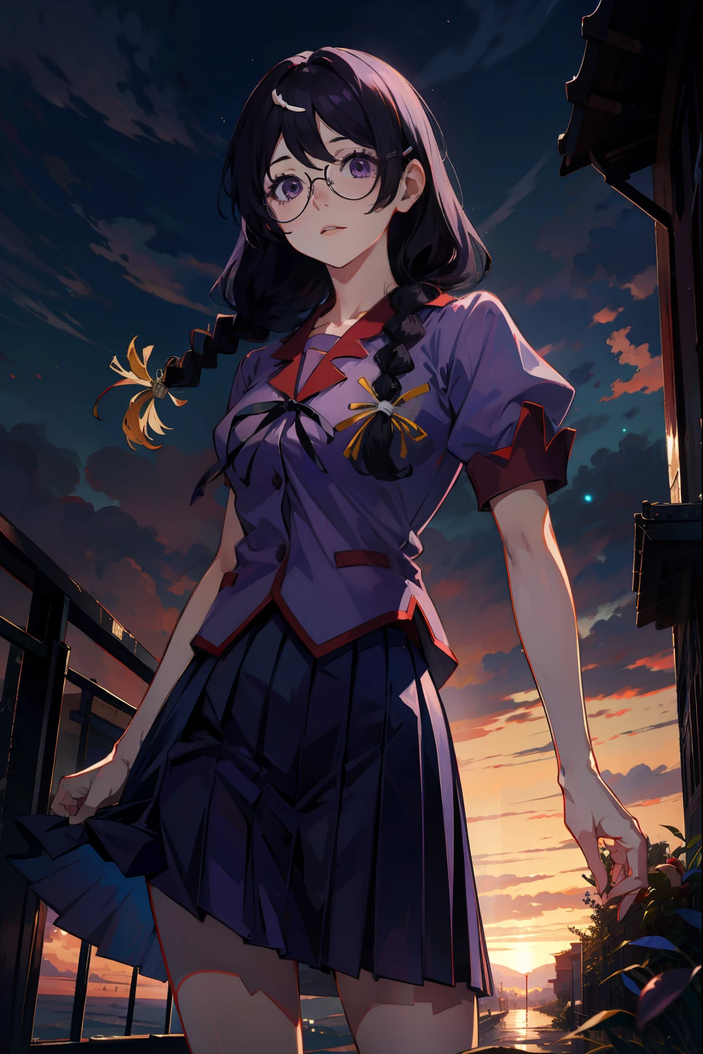 hanekawa tsubasa, long hair, black hair, hair ornament, (purple eyes:1.1), braid, hairclip, twin braids, glasses, hires, absurdres, masterpiece, sunset, interesting composition, purple color scheme, skirt, school uniform, naoetsu high school uniform