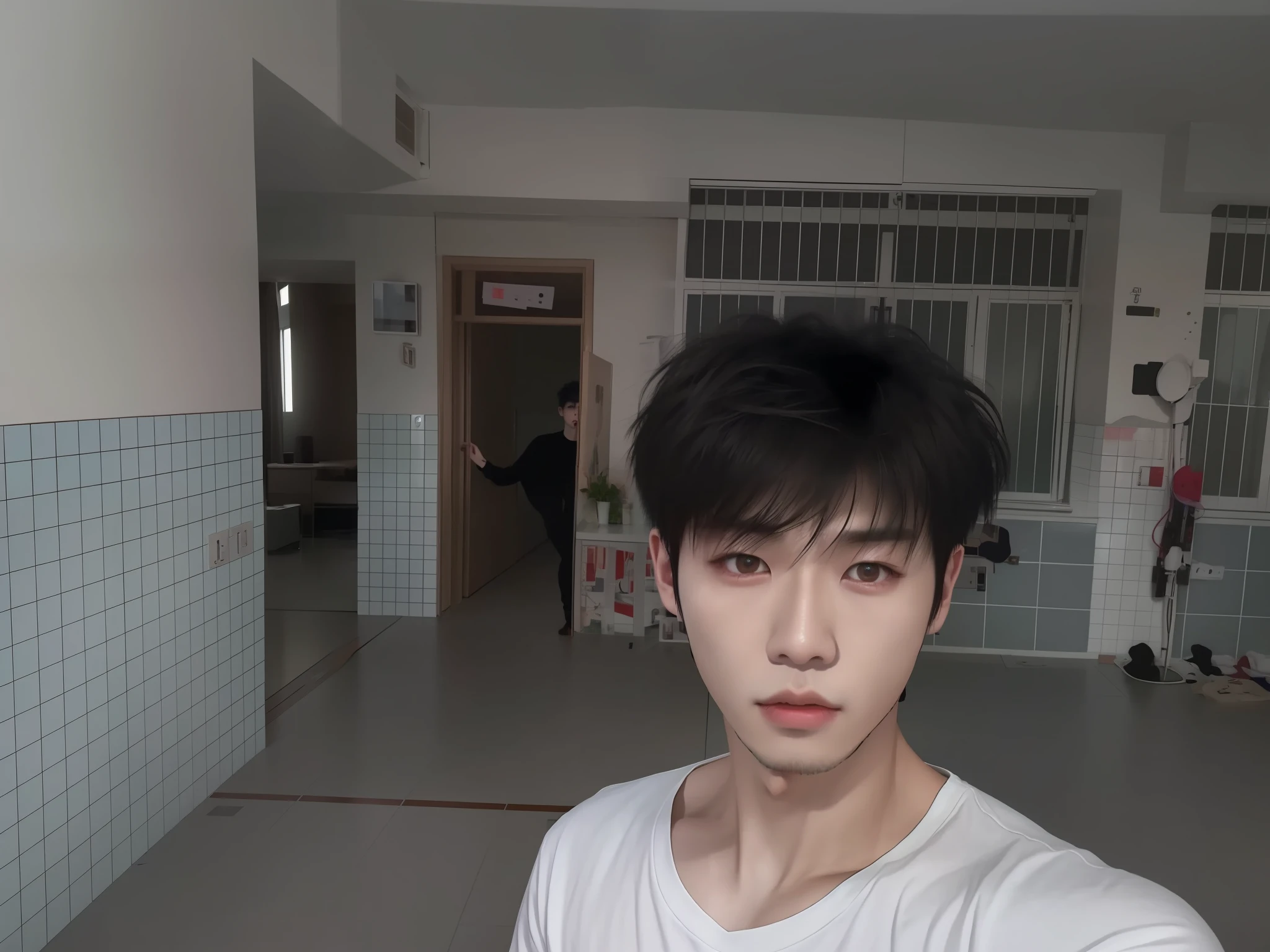 there is a man taking a selfie in a room with tile walls, Cai Xukun's, yanjun cheng, male ulzzang, boy has short black hair, with short hair, 8k selfie photograph, yihao ren, xintong chen, Shin Jinying, inspired by Yanjun Cheng, Inspired by Zhang Han, wenjun lin, mingchen shen