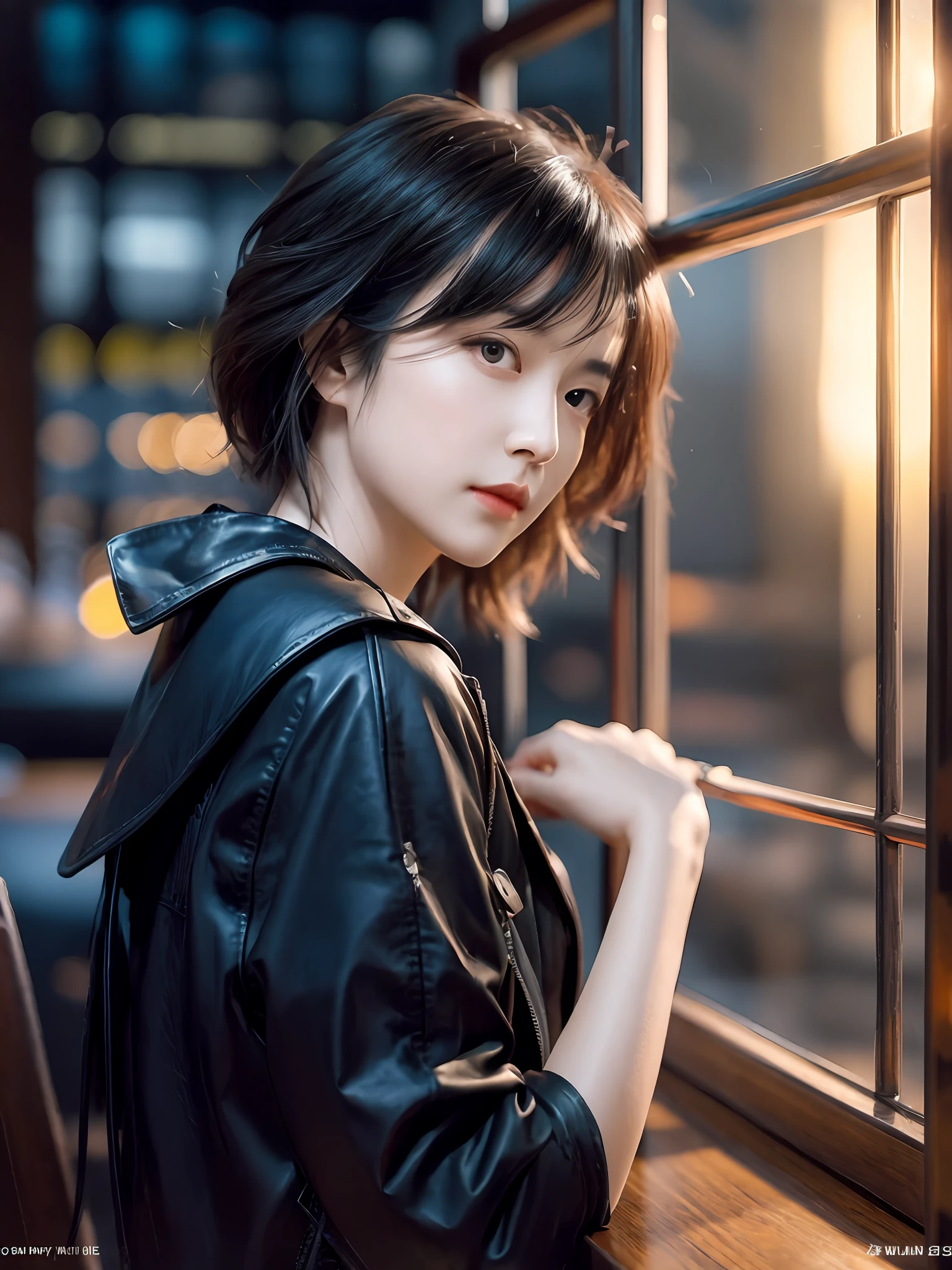 (Very detailed CG unified 8K wallpapers),(tmasterpiece),(best qualtiy:1.2),(A high resolution),(illustratio:1.1),(cinmatic lighting:1.1),finely detailled,intriciate detail,(Most Best Illustration), 8K resolution,Complicated details,best qualtiy,realisticlying,ultra detali,best illuminate,Best shadow,超A high resolution。 cryengine,The ultra -The high-definition,(Detailed reflections),detailed shadow,(((Complicated details))),smooth,((perfect shadow)),High quality wood grain,metallic luster,highlydetailedillustrations,(semi realistic:1.6) , (Wide lens:1. 2), Bar at dusk,Dusk outside the window,Light comes in through the windows,((Ghost Scouting inspiration)) streetview,Dynamic camera angle,(Bar at dusk),(((High quality detail bar))), (depth of fields), ((电影灯光)), ), ), lovecraftian, spot color, monotone, Red, Splashing blood, (BEST lighting), (super complex detail), (( Super detail)), 4k unity, (extremaly detailed cg: 1. 2), (8K:1.1), ((Landscape view)), art stations, ((sui ishida, author:wenjun lin, author:Stefan Morrell)), dystopian art, apocalypse art, ((semi - realism)), (hentail realism), (dyna) (nixeu_basic2:0.5),There is no text,A girl with short hair