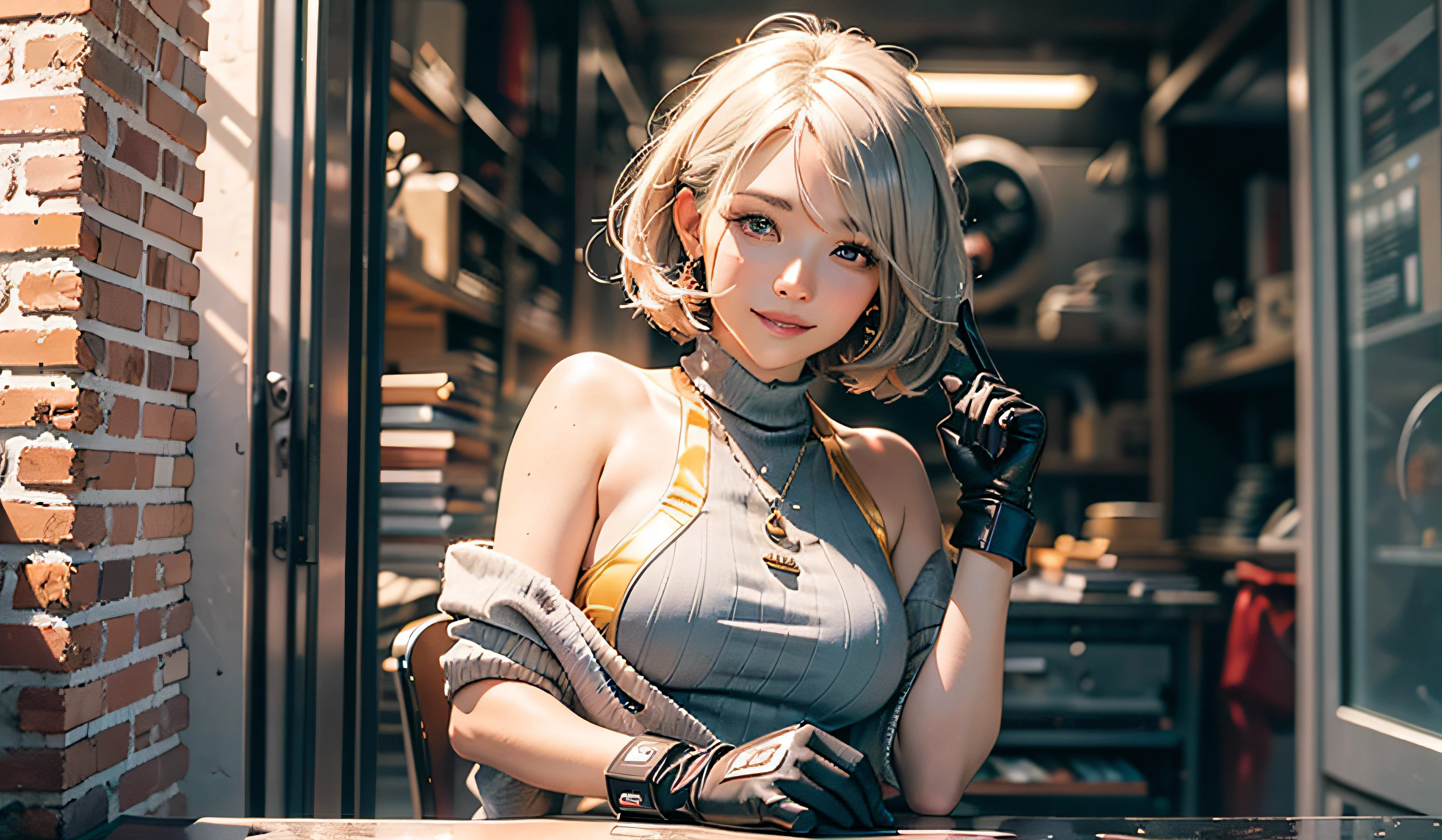 Full body, gray hair, (Dragoon: 1.2), Brantovan, masterpiece, best quality, official art, very elaborate CG Unity 8K wallpaper, for girls, ultra high resolution, (photorealistic: 1.4), golden hour lighting, sweater dress, (upper body), (platinum shorthair: 0.8), (puffy eyes), looking at the viewer, frontal, smile, medium breasts, gentle smile, Shirt lift, gloves, short hair