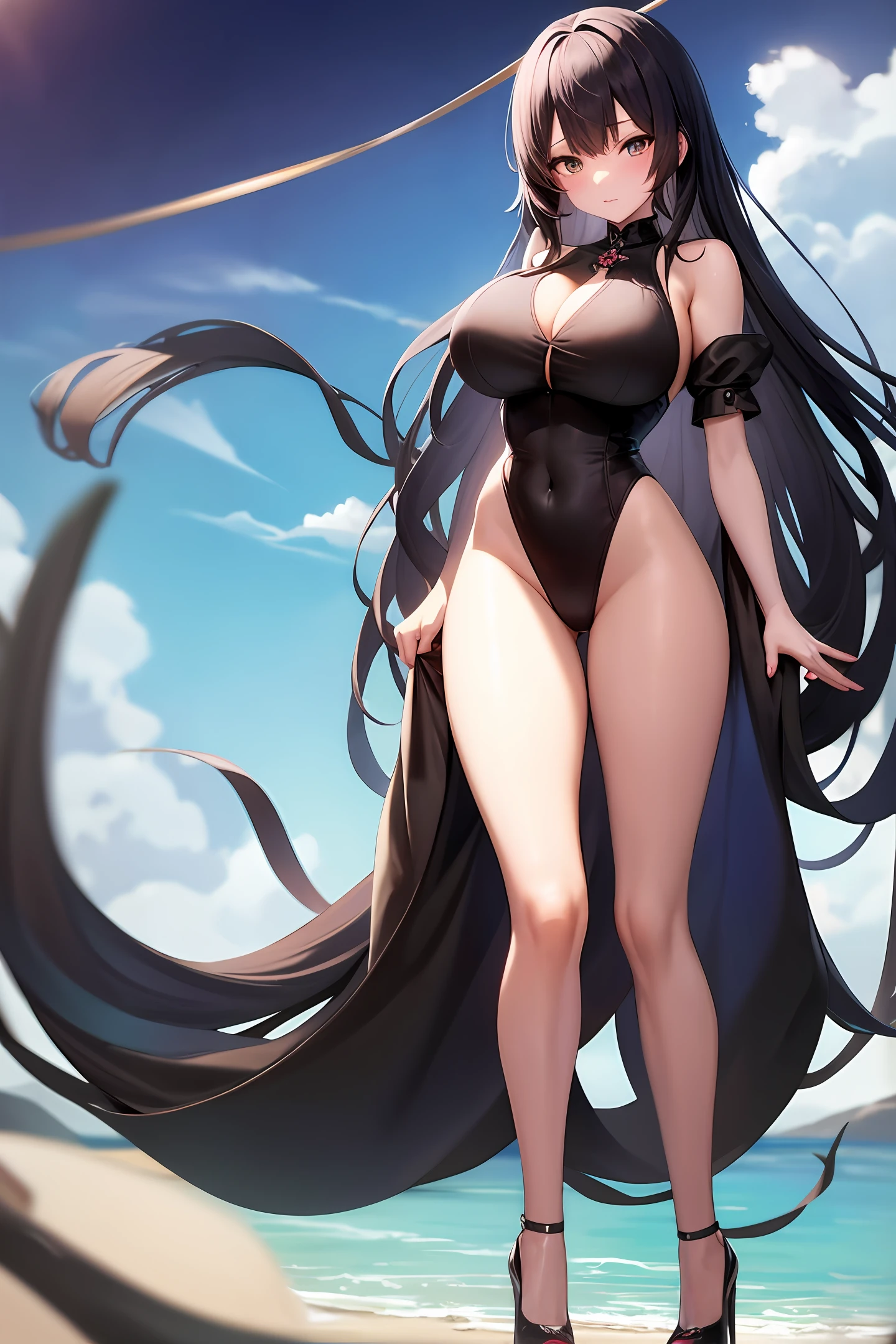 nakeness,full bodyesbian,Black hair,Long hair,Mai Sakurajima,8K,tmasterpiece,Larger breasts,Cocked buttocks,long legged,high-heeled