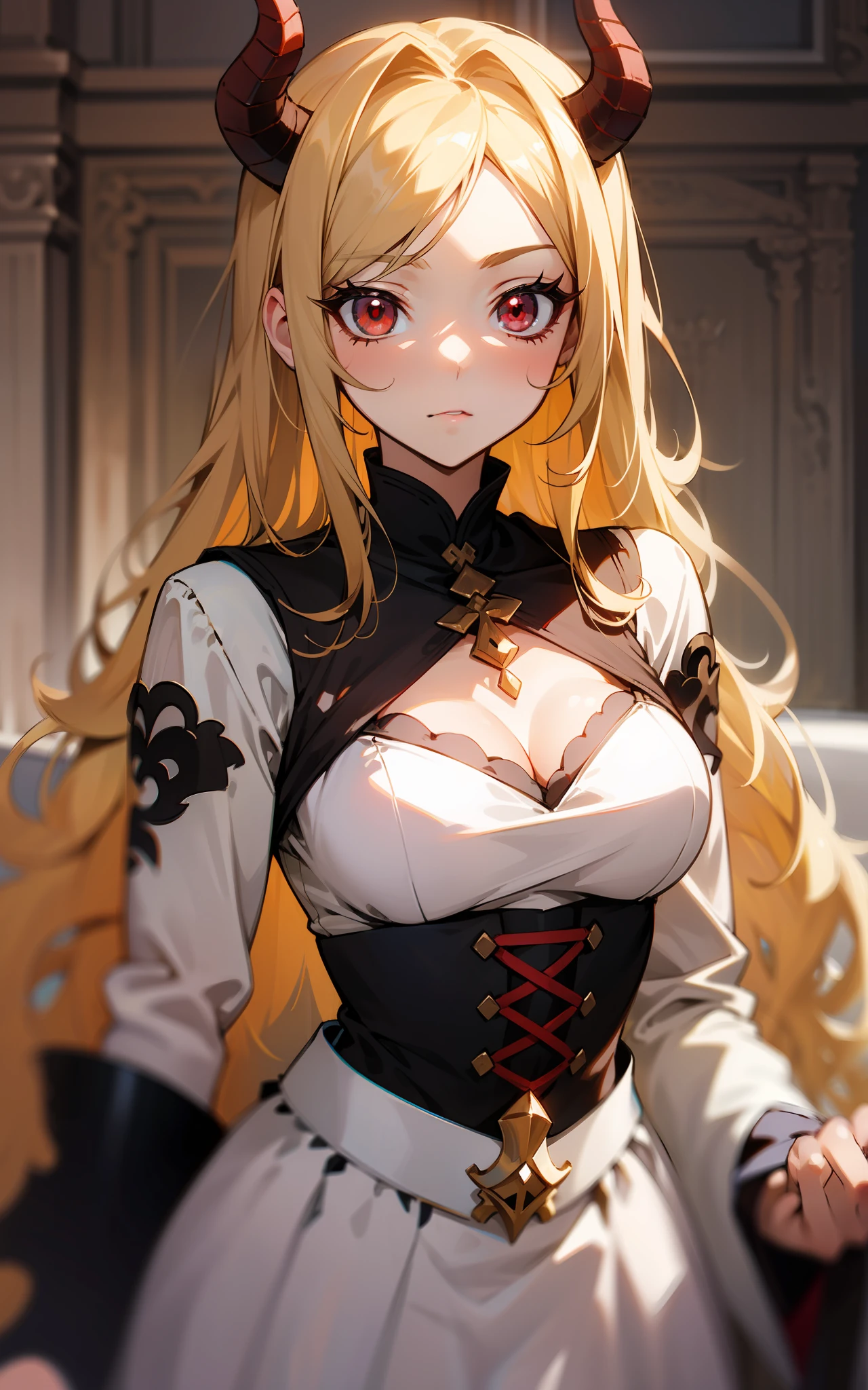 beste-Qualit、hight resolution、detaileds, Red-eyed beauty、Drawn by an anime studio、Demon Room、Old-fashioned clothing、Long blonde hair、Pattern on the body、