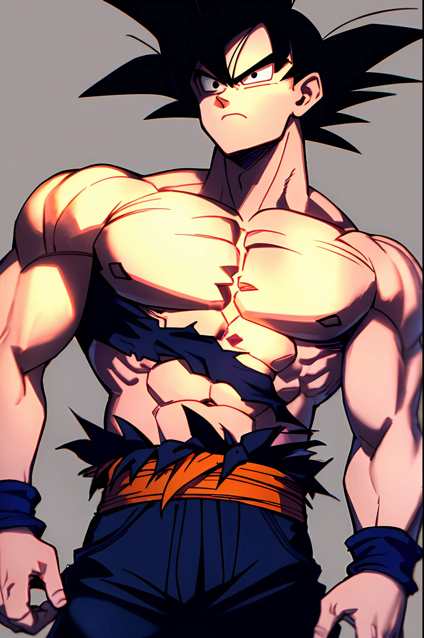 son goku, 1boy, closed mouth, male focus, muscular, muscular male, rock, sash, serious, solo, spiked hair, topless male, torn clothes, ultra instinct, black eyes, black hair, ((masterpiece))