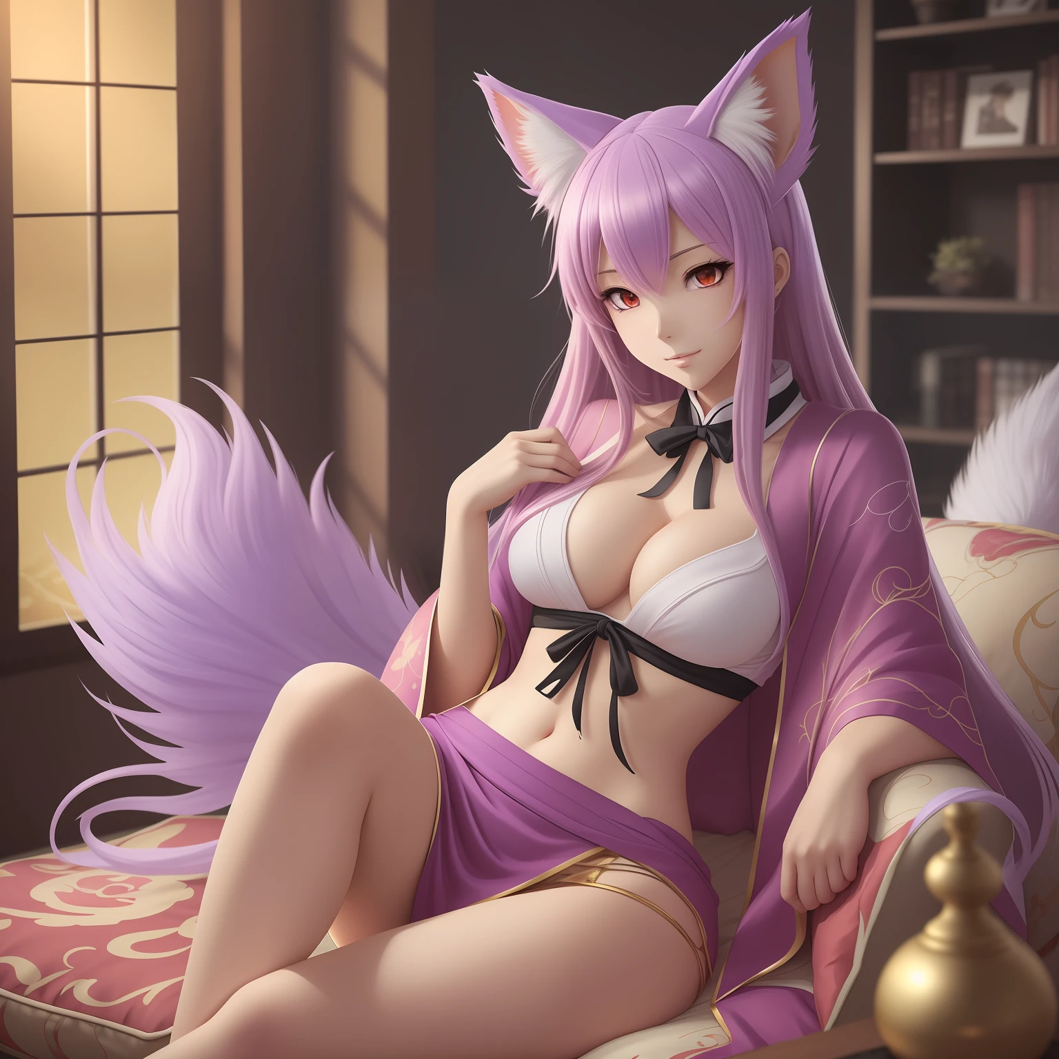 Anime girls wearing kimonos，sitting on a cushion，The background is the clock, ahri, a beautiful kitsune woman, Kitsune, fox nobushi, Orgasmic face，The chest is huge，beautiful anime catgirl, Very beautiful anime cat girl, digital anime illustration, a beautiful fox lady, [ 4 K digital art ]!!, Digital anime art, seductive anime girls, portrait of ahri