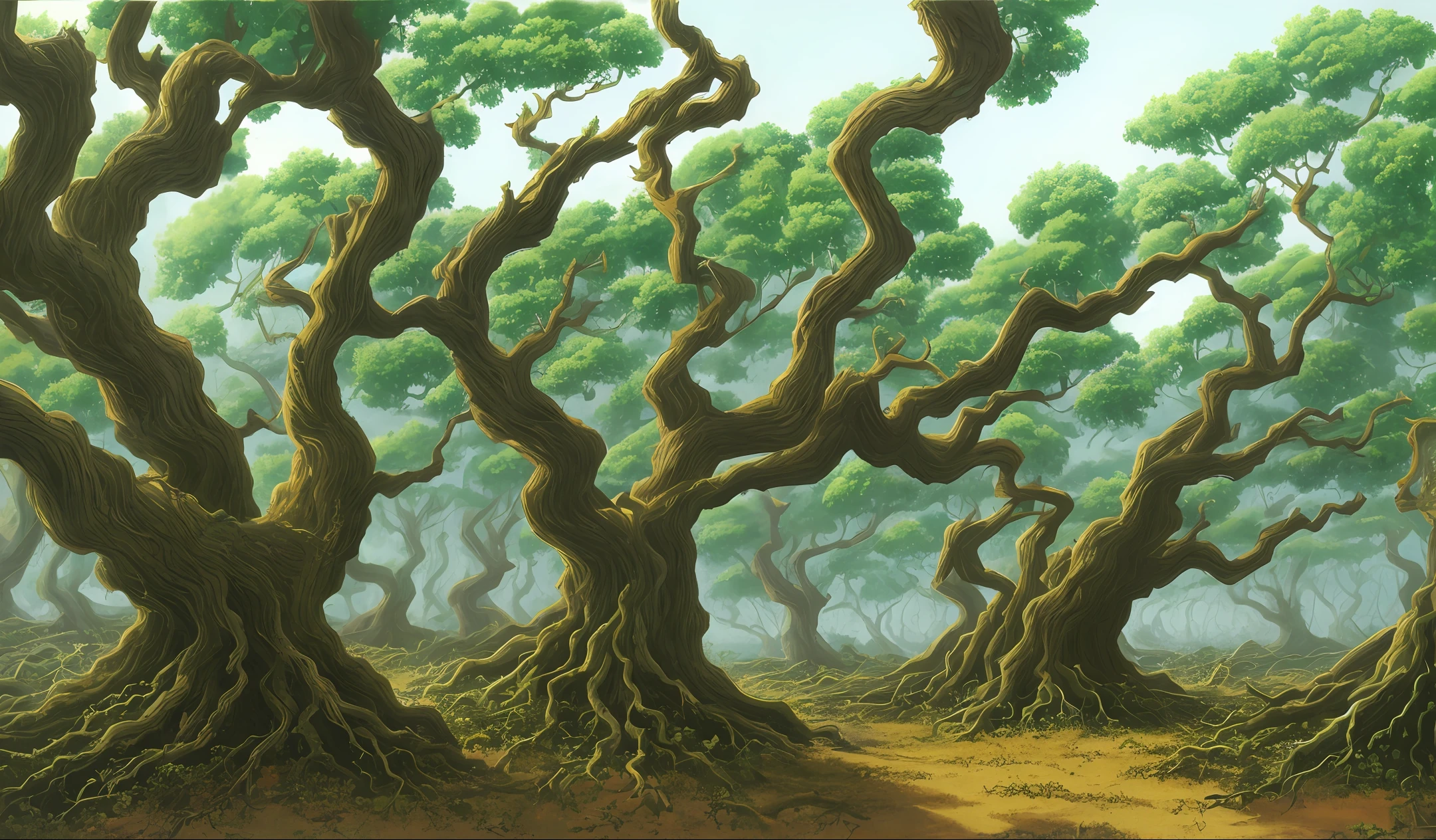 Miyazaki painting style,old trees,Dead vines