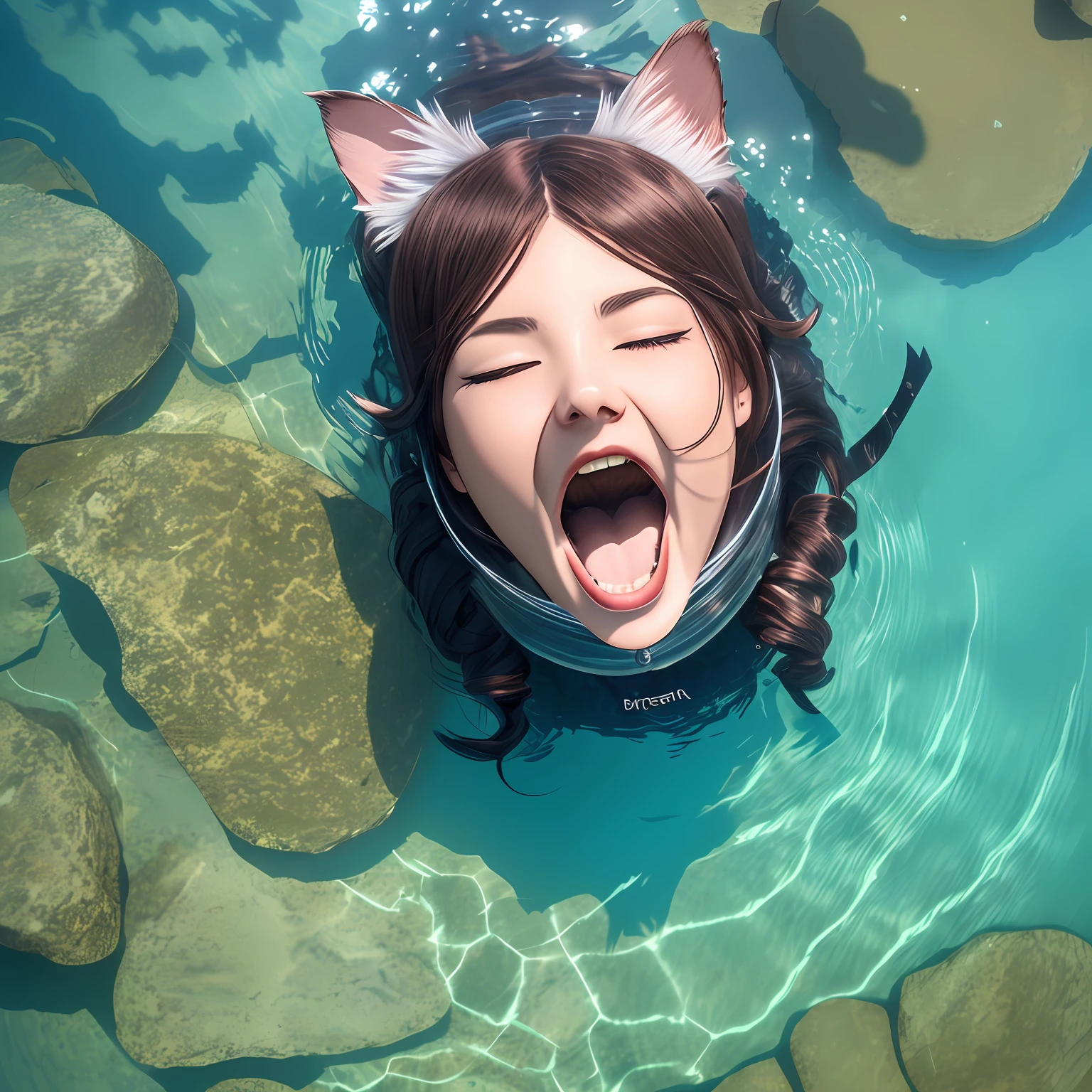 open mouth, cat ears, from above, partially underwater shot, god rays, ray tracing, Verism, best quality, highres --auto