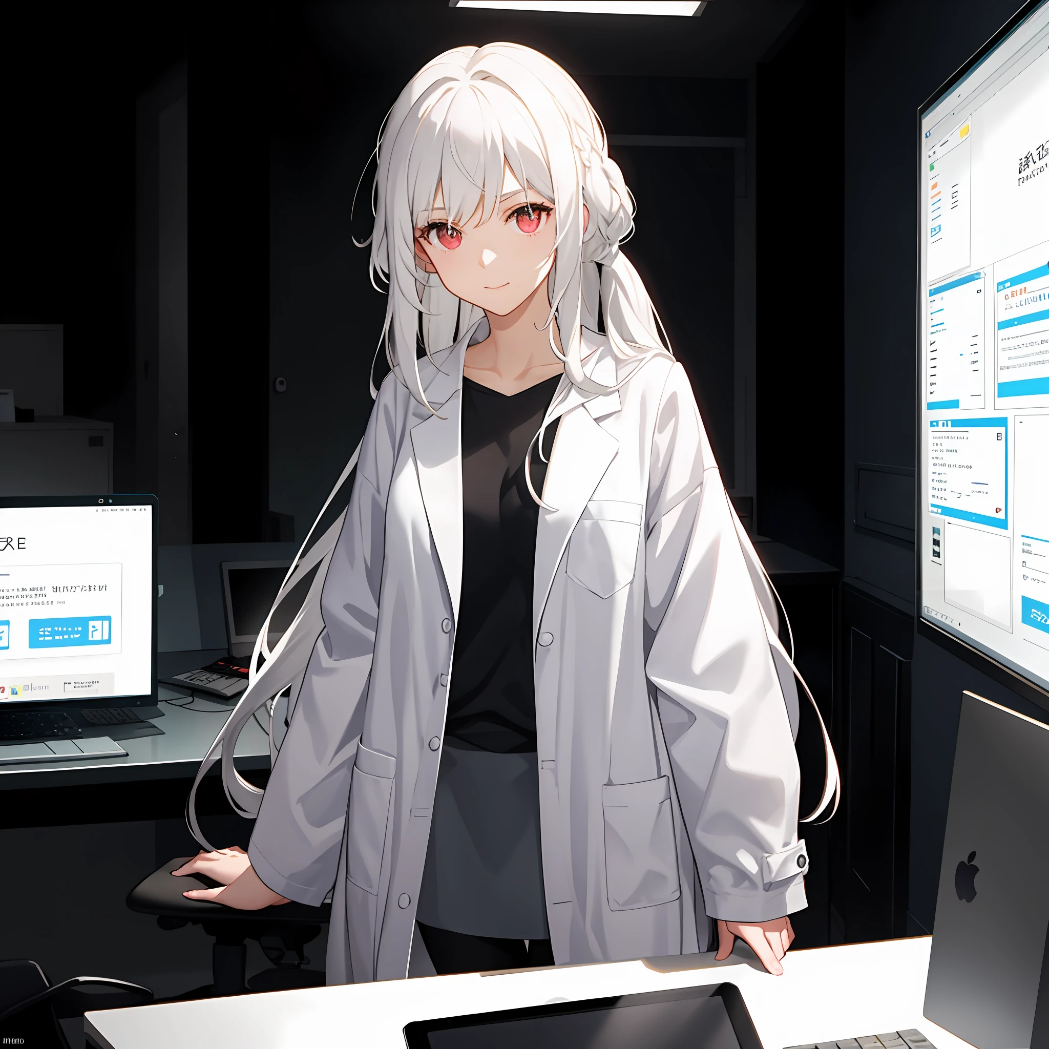 White hair,Long hair, draped hair, no ponytail girls, White lab coat, Coat, A cup, head-up to the camera, Facing the camera, Do it in a dark room,There is a black office chair,There is a bunch of flashing displays behind the girl,The display is on a black desk