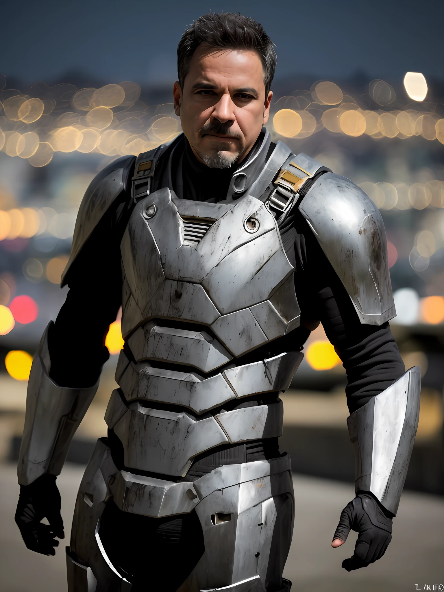 ("Homem de ferro")+("realismo hiper realista")+("8k maximum quality")+("foto de perto")+("textura realista")+("dynamic compositing")+("Fujifilm XT2 camera")+("lente 85mm F1.2")+("velocidade do obturador de 1/80s")+("(Bokeh desfocado de fundo)")+("alto contraste")+("Pano de fundo da cidade")
