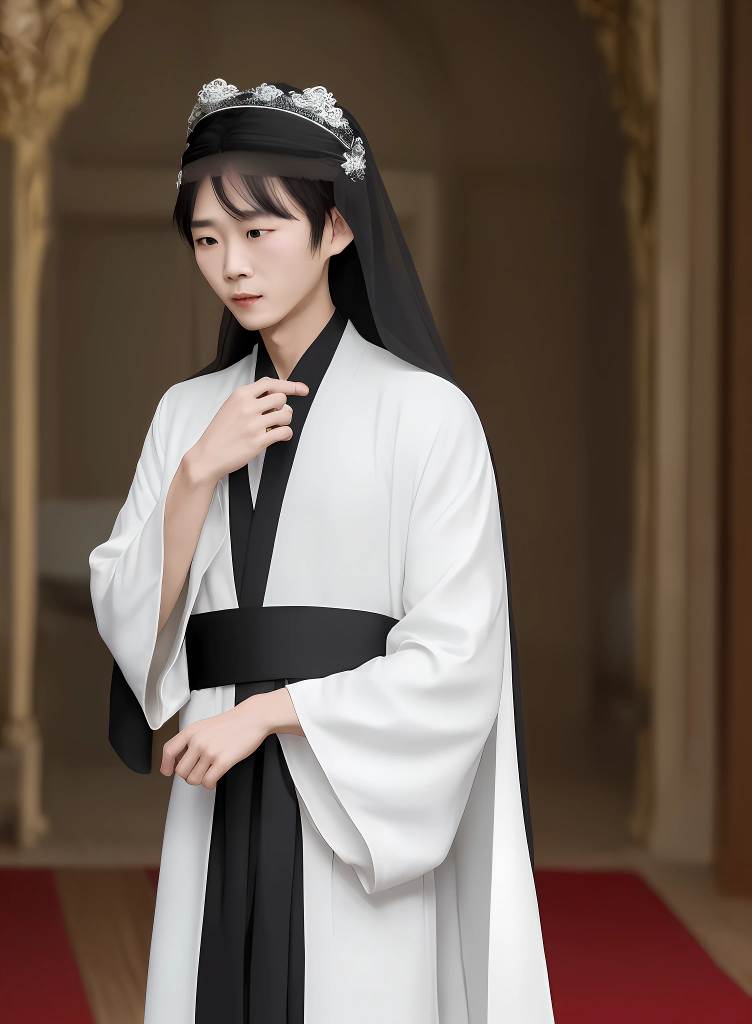 He wears a white brocade robe，Wear a black veil on the head，It looks like a gentle and jade-like son。Tolerance
