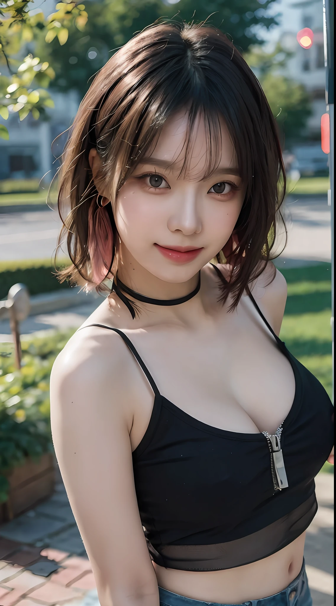 masterpiece, film grain, from above, upper body photo of a Young girl in a white sheer fabric(short camisole), solo, ((hardnipples)), absurdity, realistic(face, body, skin, high detailed skin, skin pores), (cute:1.35), cuties, (big breasts:1.275), detailed black eyes, innocent eyes, blusher, black choker, earrings, short hair, (messy bob hair), areola slip, areola slip out, Very Short Black Hot Pants, shiny pink lips, closeup, look at viewer, open lips, upper teeth, (smiling eyes:0.375), ((grinning:1.125)), depth of field, outdoors, cinema light, blurred background, eye focus, Bokeh, Professional Lighting, Portrait, Photon Mapping, Radiosity, Physically Based Rendering, soft light, (nsfw:1.1),
