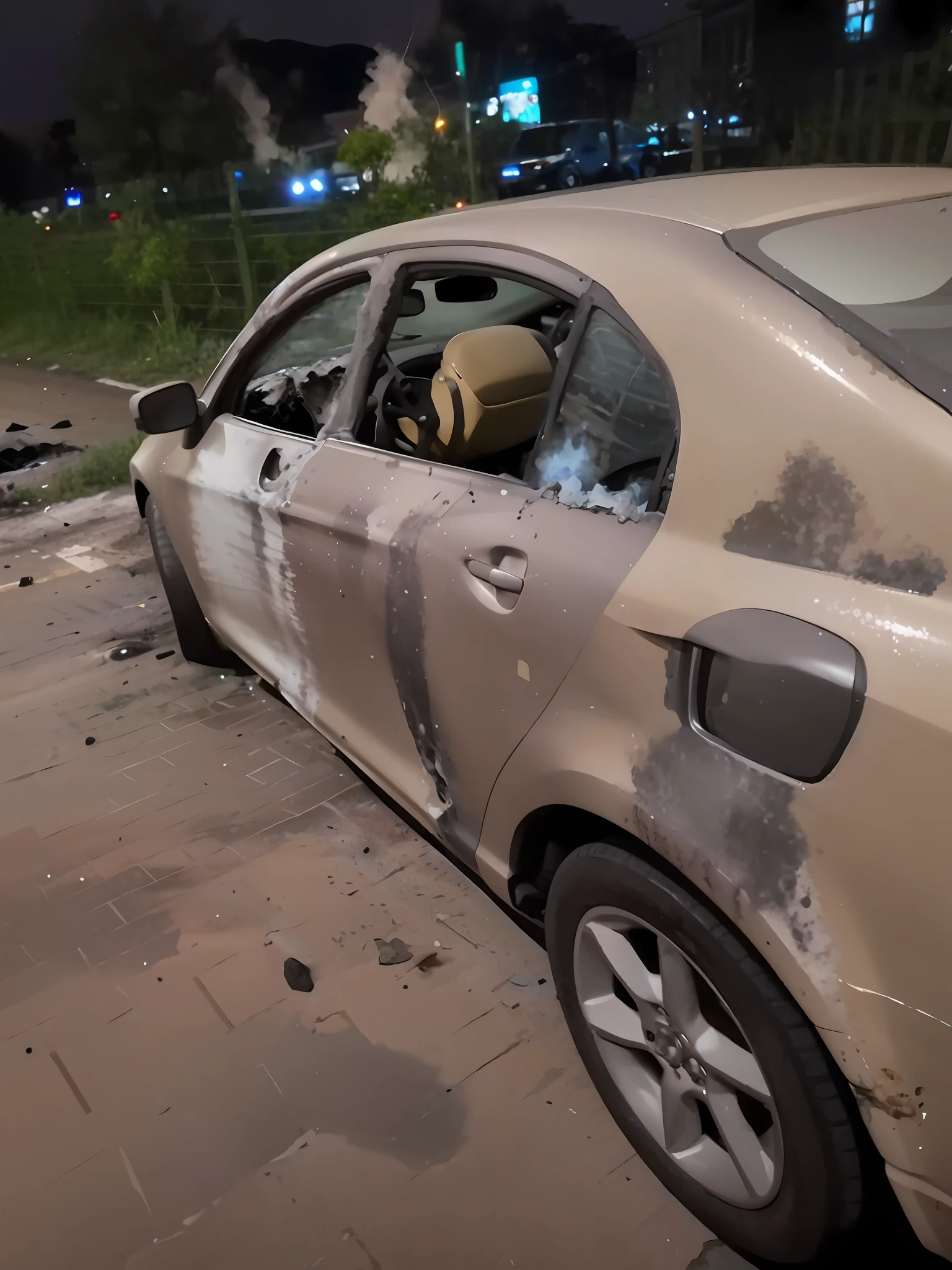 arafed car with a dirty paint on the side of the road, burned cars, car on fire, vehicles on fire, photo of poor condition, 2263539546], taken in the night, car shot, very coherent image, Michal Mraz, author：Otis Pascali