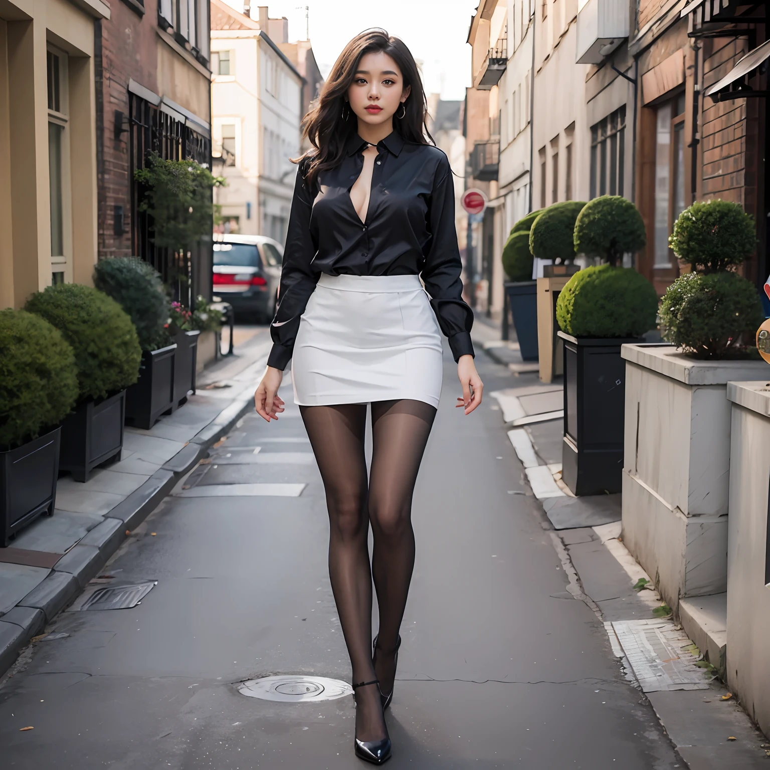 high qulity，Best quality at best，Full body like，Refined face，Nice face，length hair，being thin，silk stockingsa，lacepantyhose，skinsuit，office lady uniform，perfect body figure，high-heeled，volutpuous，Bigchest，Leaking skirt，In a beautiful street，hugetits，shirt，oud