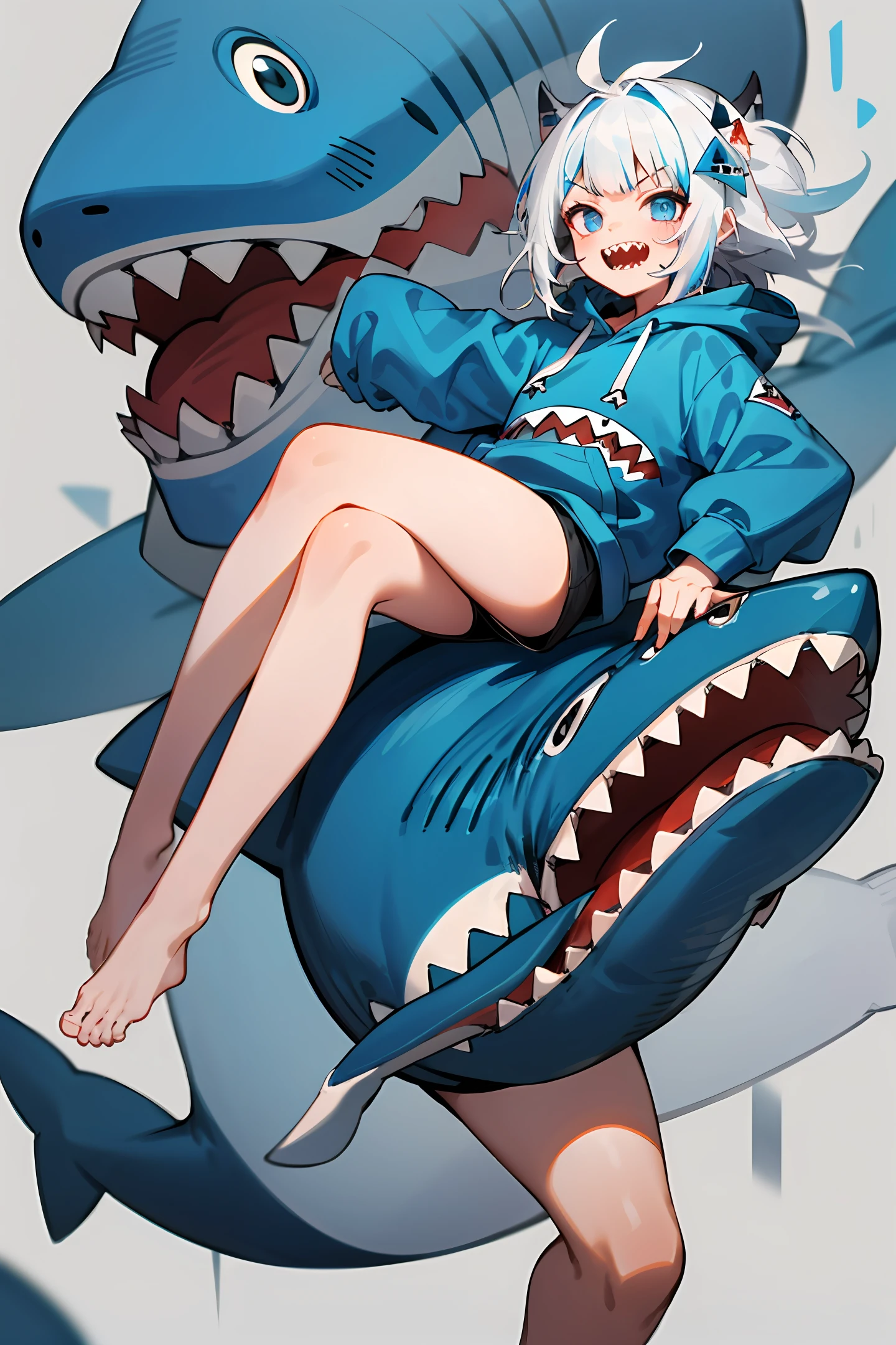 best quality, intricate details, 1girl, white hair, blue eyes, sharp eyes,messy hair, blue highlights, sharp teeth, blue hoodie, shark teeth design, bare legs, hair ornament, gawr gura, shark girl, shark tail, shark print, blue hoodie, sharp teeth, animal hood, shark hair ornament,