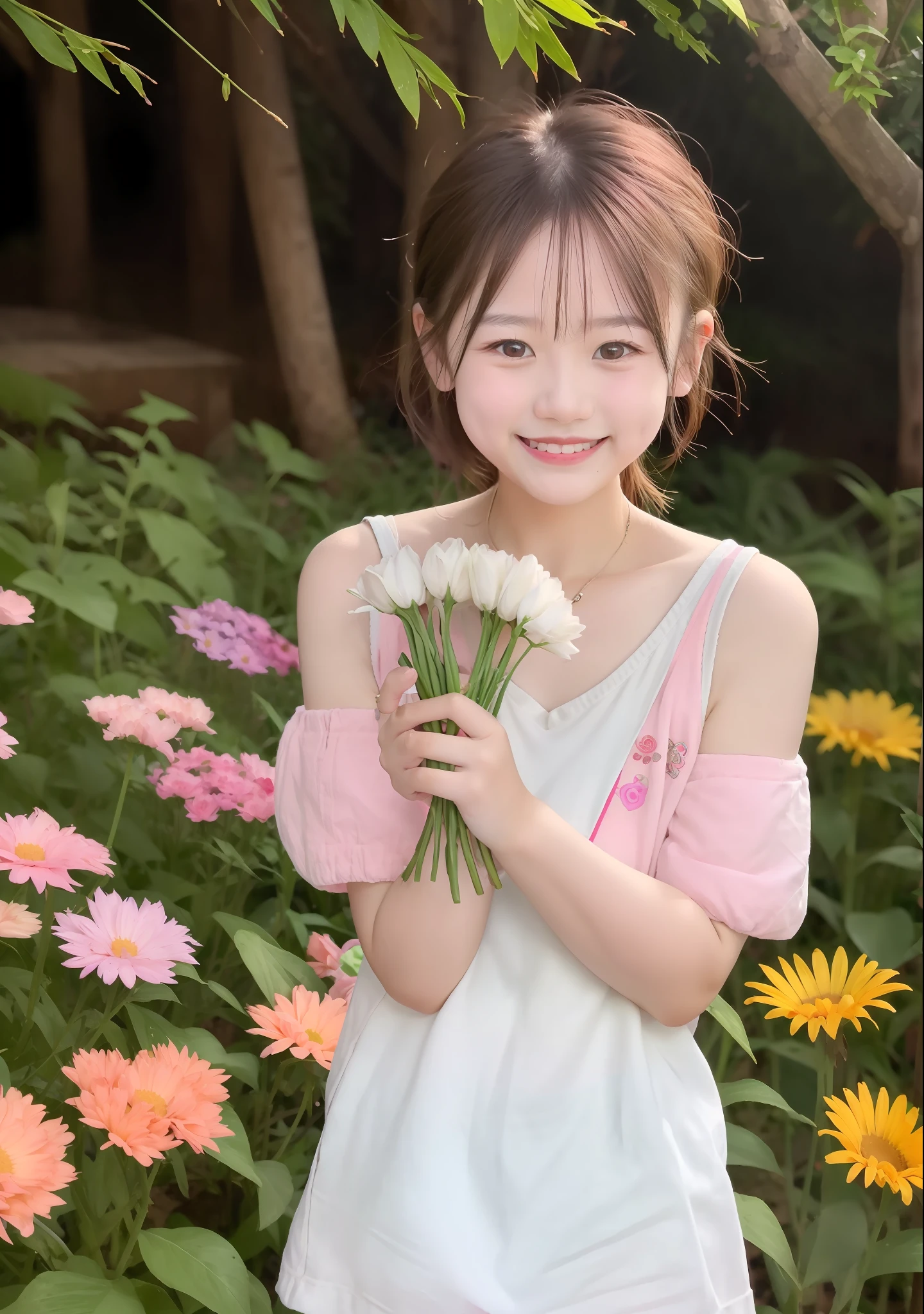 adolable，girl，youthfulness，and love to laugh，rays of sunshine，goodlooking，shoulder-length short hair，Sunnyday，shortsleeves，Qi bangs，White skin，Pink top，The photograph，naturey，brilliant smile，Holding flowers in hand，Around 10 yea