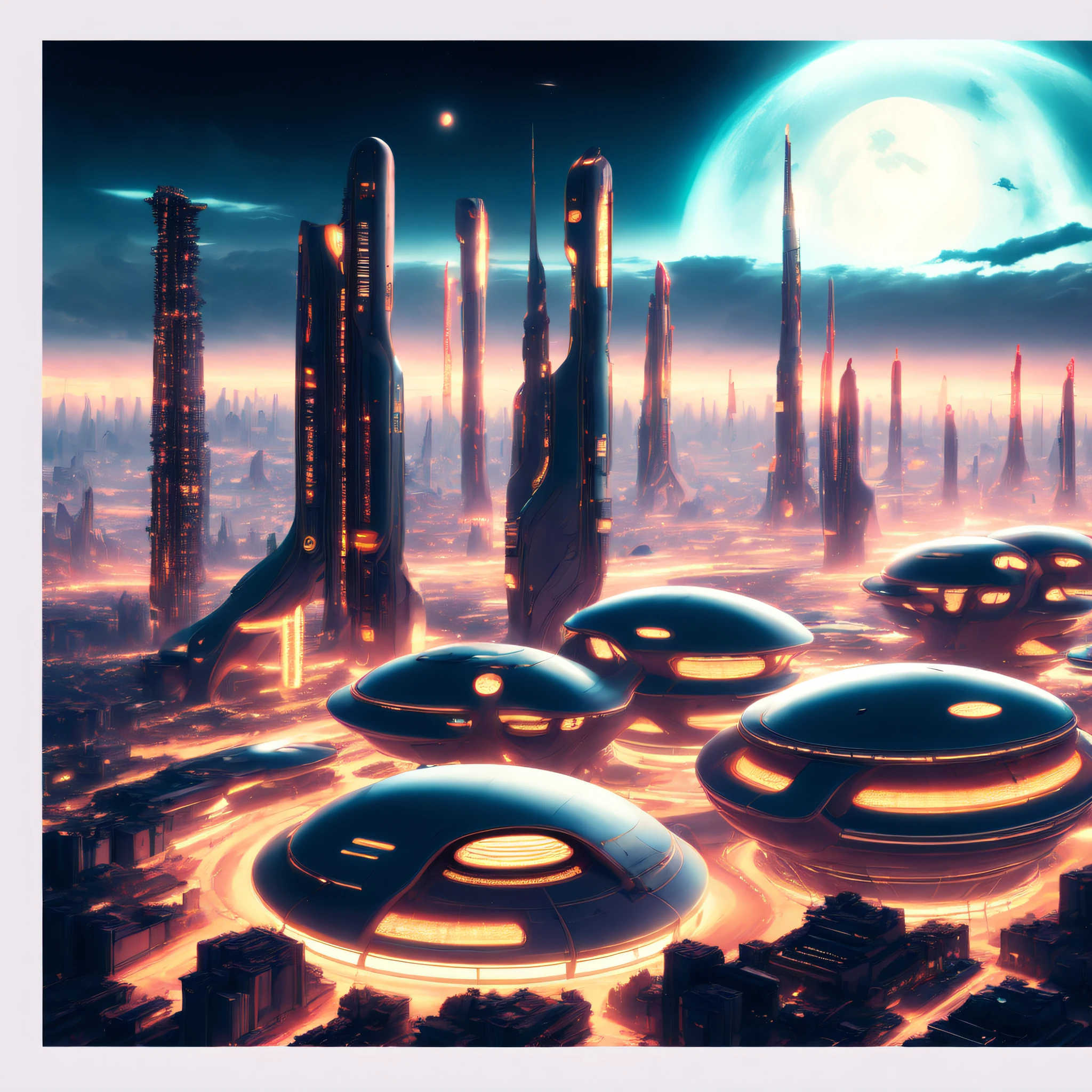(atompunk style:1) an artist's rendering of a futuristic city at night
