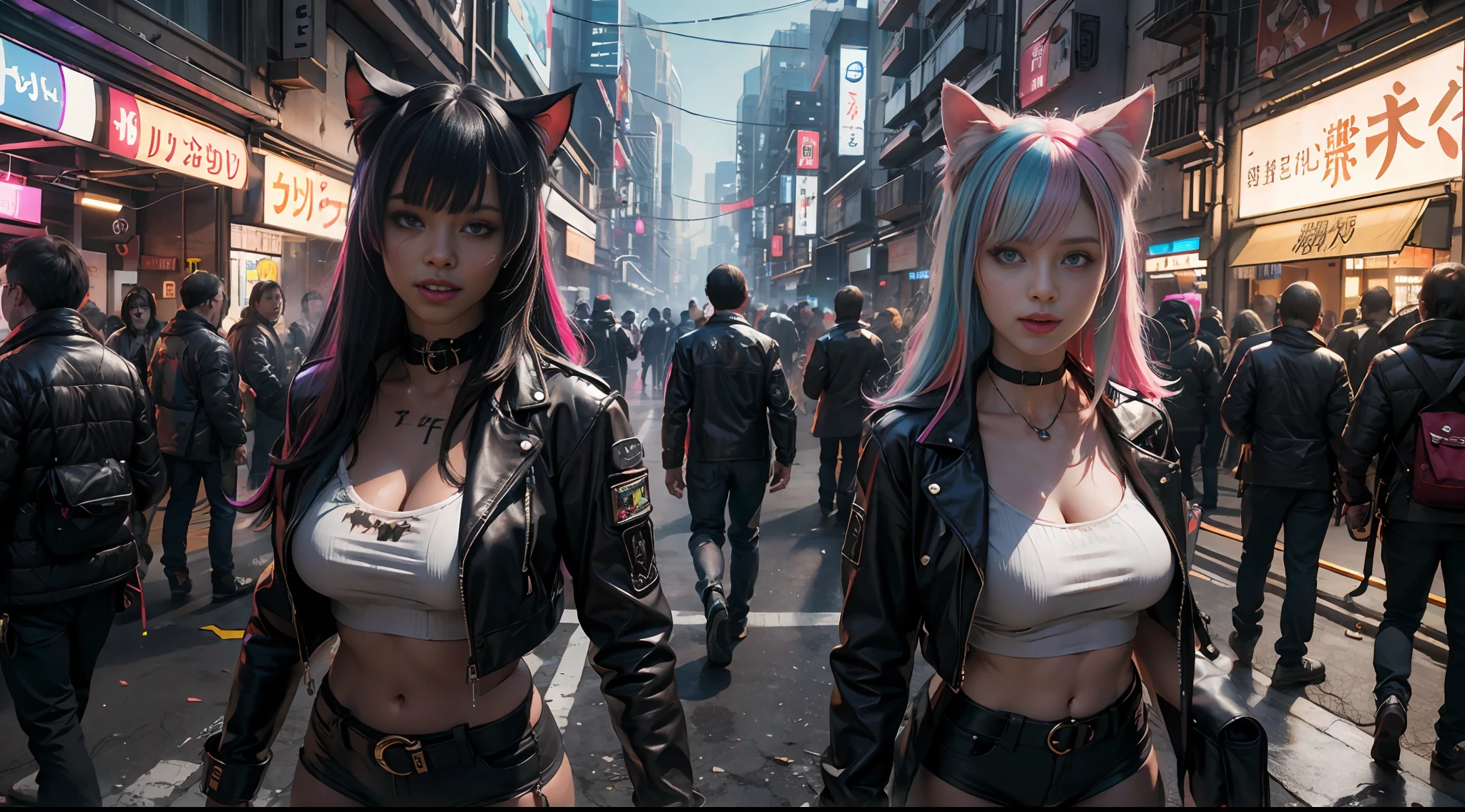 hyperrealistic photograph of laughing cyberpunk ebony nekomata catgirl in a crowded Japanese street, large breasts, chubby, wearing white leather jacket and armor, fringe cut and bangs rainbow hairstyle, insane details, detailed designs, glowing colorful circuitry, colorful neon trim, cinematic lighting, rim lighting, f/2.8, art by H.R. Giger, Greg Rutowski