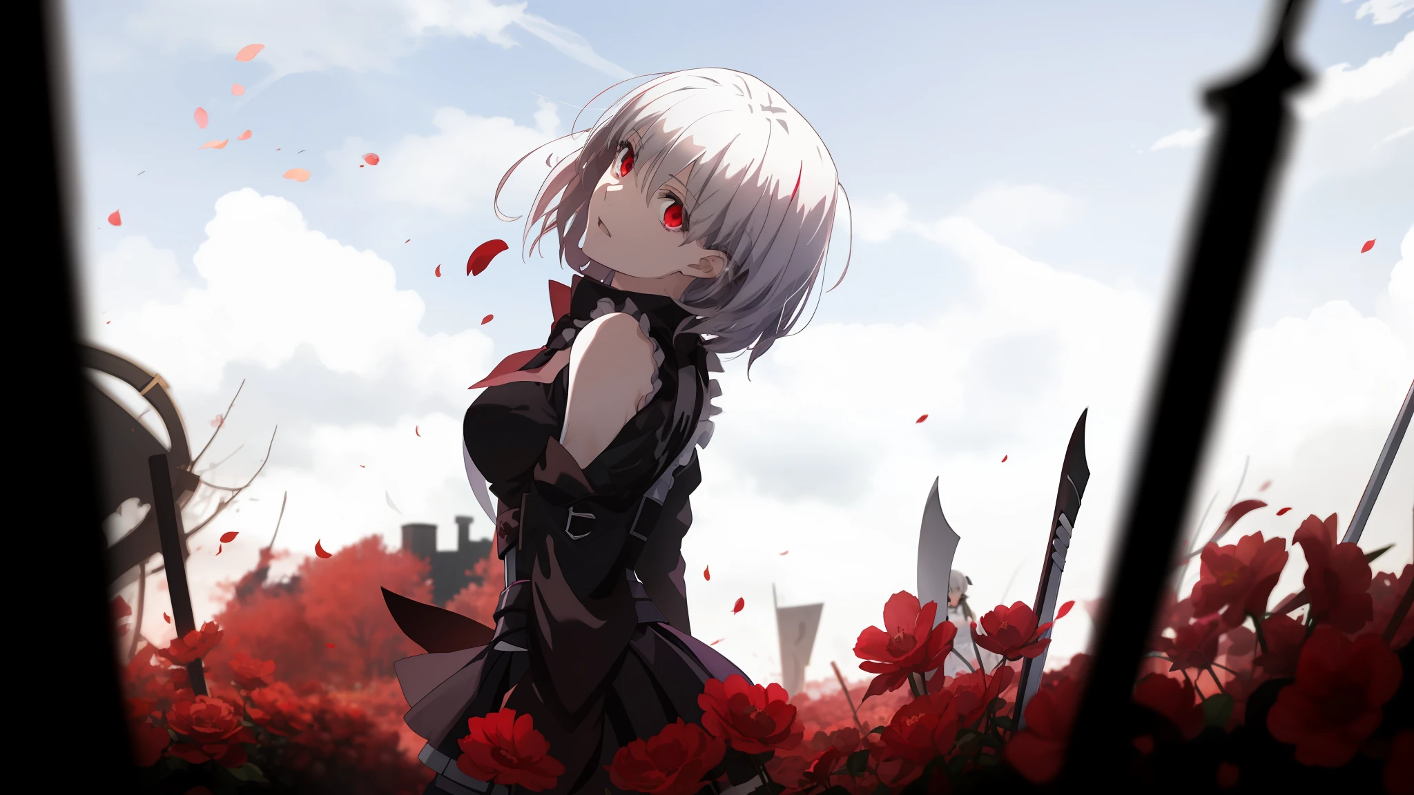 anime girl in a field of red flowers with a sword, gapmoe Yandere grimdark, gapmoe Yandere, 2b, 2 b, with red glowing eyes, Yandere, anime style like fate/stay night, demon anime girl, Badass anime 8 K, gothic maiden anime girl, anime wallaper, hd anime wallaper, yandere intricate