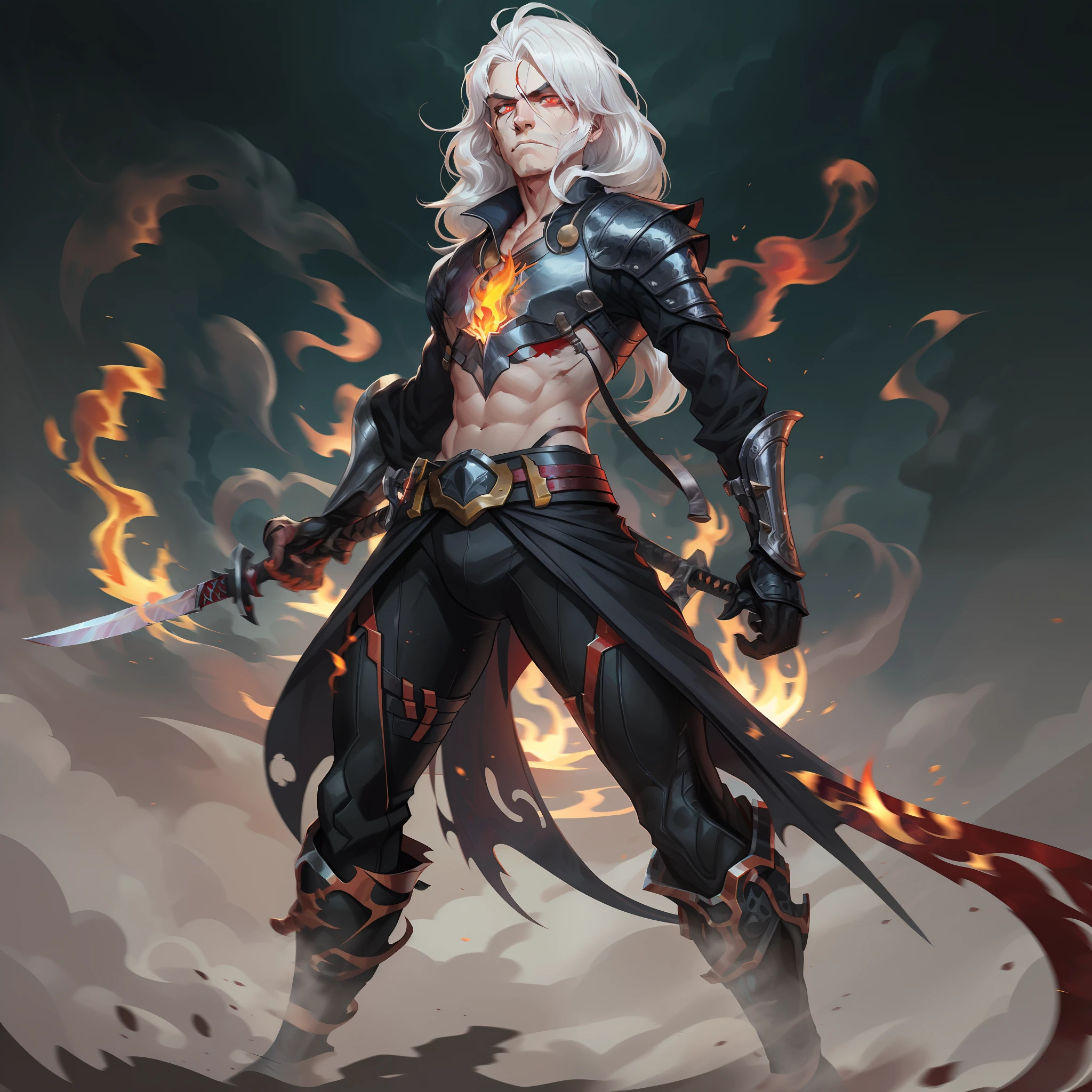 Anime man white hair, red eyes, black fireball in hand, digital art, white hair, crimson red eyes, Fire around, standing, neutral background, arcane art style, long hair, male character, black clothing, black fire, katana in hand, brave look, battle wounds