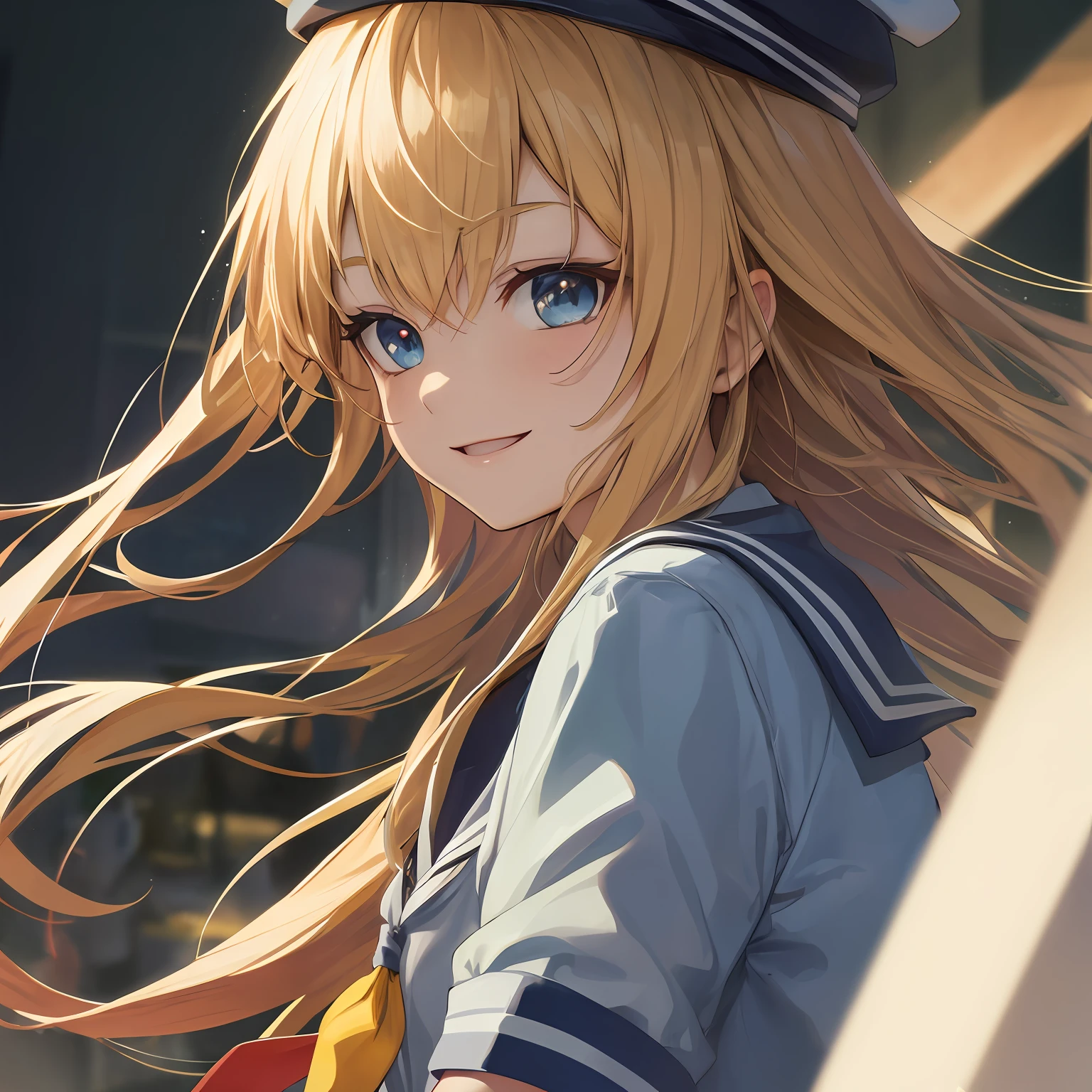 long hair, straight hair, smile, happy, blonde hair, sailor hat, anime, super detail, ccurate, best quality, textured skin, 4K, HD, masterpiece --auto