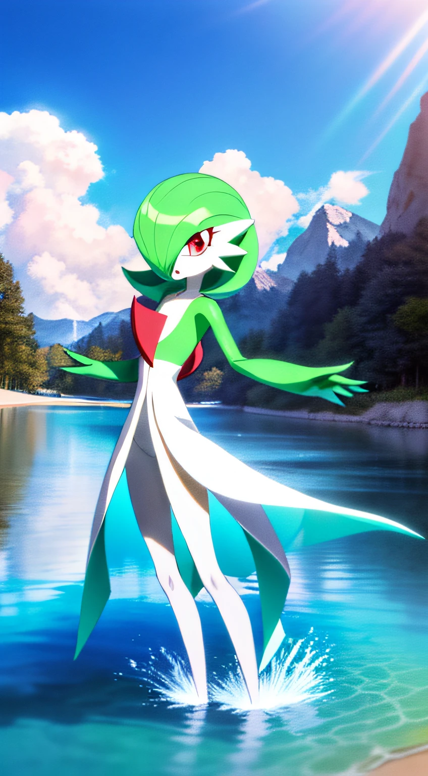 tmasterpiece, Best_quality, 1girll, Solo, guard, Creatures \(co\), game freak, Nintendo, Pokemon, Pokemon \(gaming console\), pokemon unite, bangs, Colored skin, female focus, Flat chest, gen 3 pokemon, Green hair，green colored skin，Hair above one eye，Colorful skin，pokemmo\（organism\），red eyes，bob-cut hair，Two-tone skin，White-colored skin,Play in the water on the sand，Anime style，beautiful detailed  water,