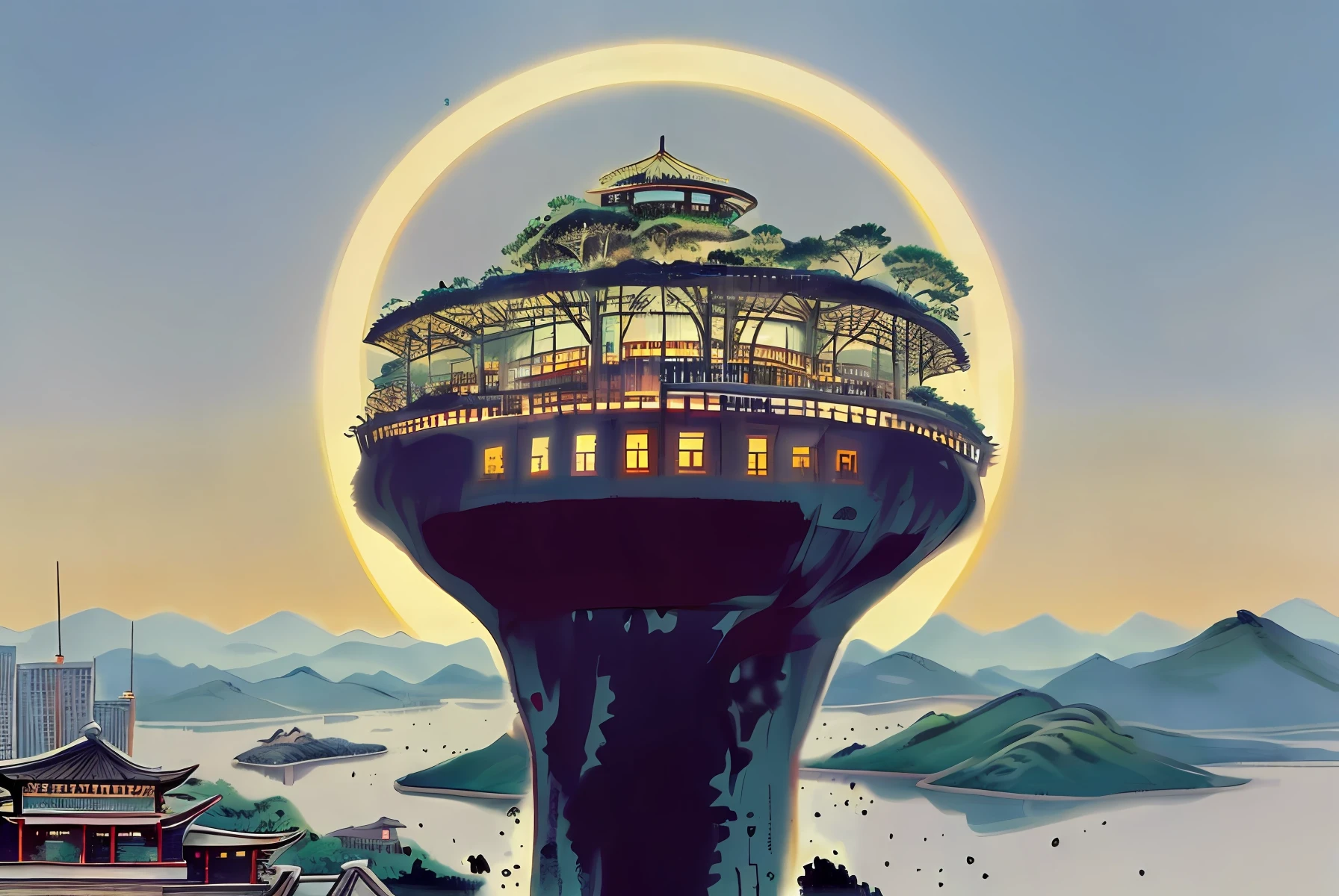 Typhoon Eye Center,High in the sky,There is a city floating in the air,An ancient city of the Tang Dynasty in China,There is a huge old tree in the center of the city,Same as the anime Sky City,A city suspended in the sky