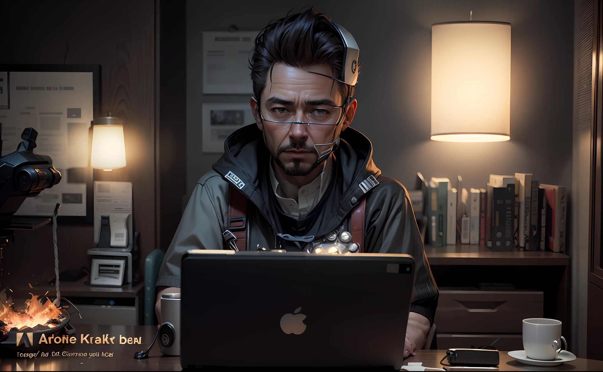 Marvel, Old man Tony Stark, realistically, dynamic lights, old, gray stubble, full shoot, (extremely detailed CG unity 8k wallpaper), trending on ArtStation, trending on CGSociety, High Detail, Sharp focus, dramatic, photorealistic