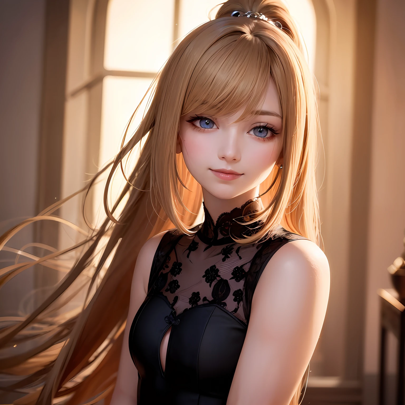 black hair, hair bobbles, longeyelashes, light smile, blonde hair, long hair, ponytail, drop shadow, Romanticism, Realism, ccurate, UHD, retina, high quality, high details --auto