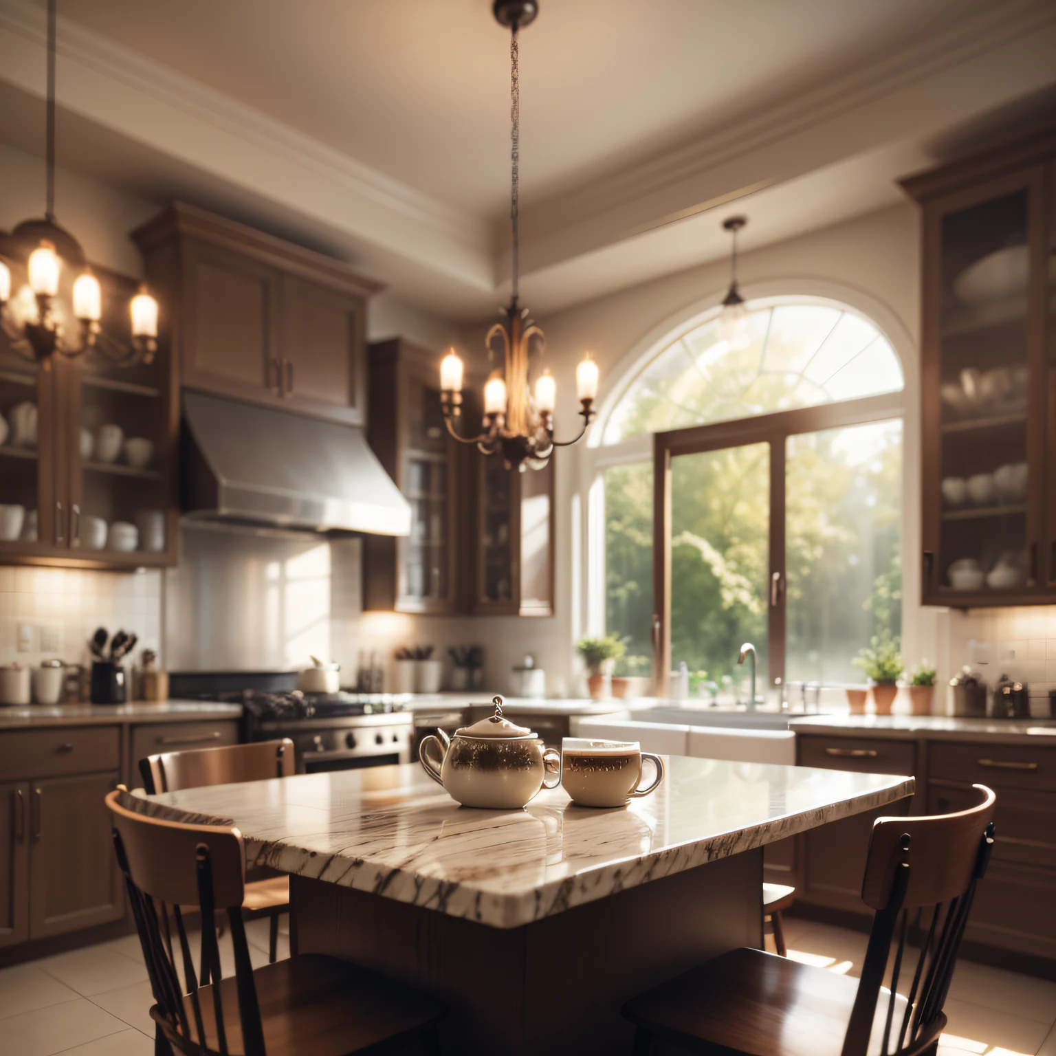 crie uma cena de uma cafeteria, On the counter will be a hot cup of coffee. magical ambiance. sem pessoas. Main focus is the cup of coffee. The cup of coffee should be in the foreground. magical atmosphere.
