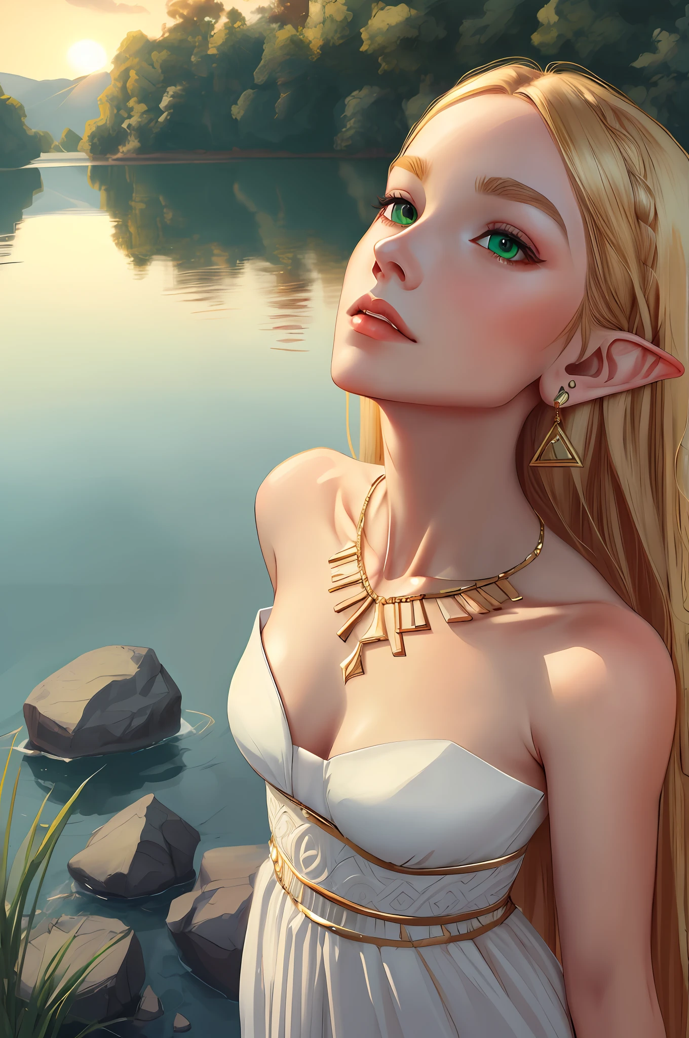 princess zelda, the legend of zelda, the legend of zelda: breath of the wild, highres, 1girl, bangs, bare shoulders, sunrise, bracer, breasts, dress, gold necklace, green eyes, jewelry, long dress, long hair, looking up, medium breasts, necklace, parted bangs, parted lips, pointy ears, sidelocks , solo, strapless, strapless dress, thick eyebrows, (white dress), thin arms,(blonde hair),ear rings,lake in the background