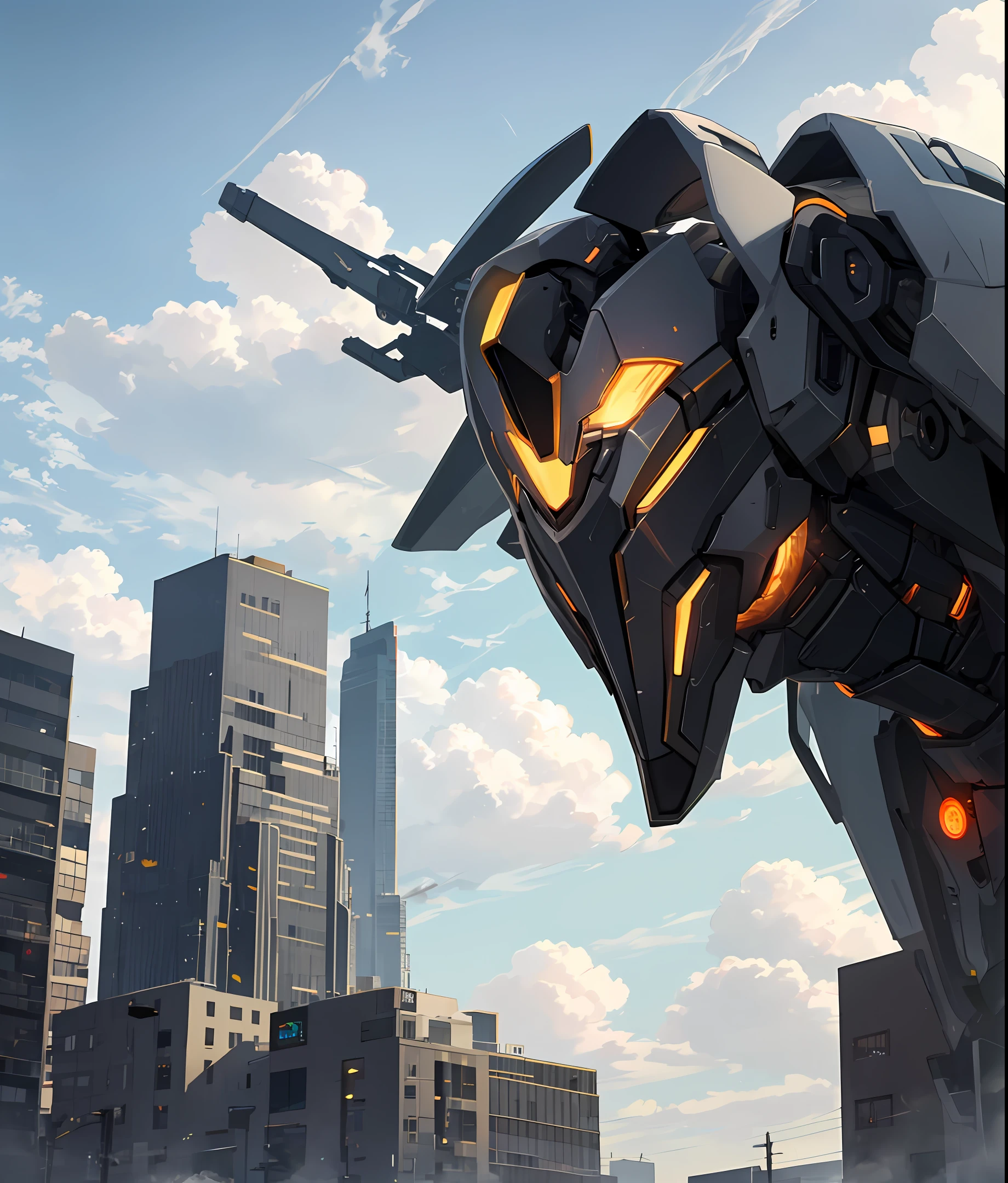 sky, cloud, holding_weapon, no_humans, glowing, , robot, building, glowing_eyes, mecha, science_fiction, city, realistic,light orange mecha