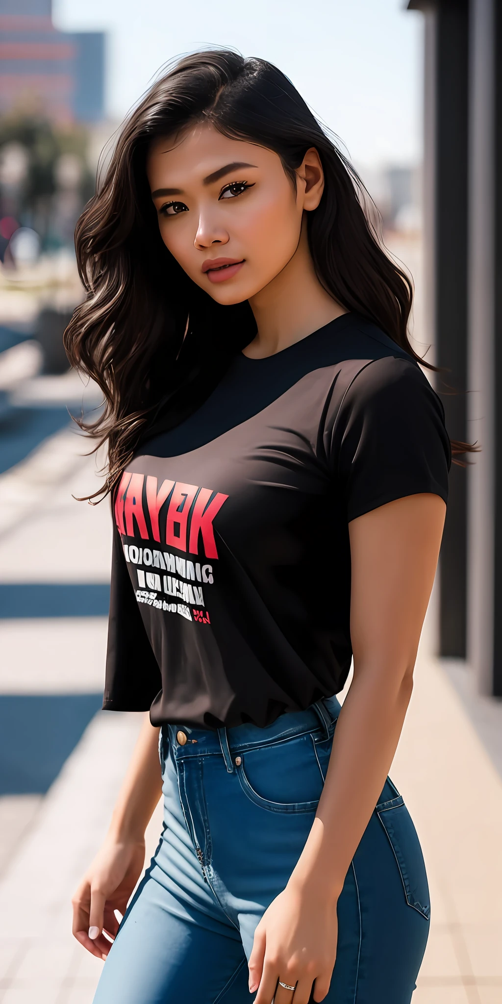1girl, beautiful Indian university Student, Full face portrait photo of a 25-year-old European girl, RAW, beautiful woman, semi-open strawberry lips, dimples, wistful look, (extra long wavy black hair), ((detailed face)), ((detailed facial features)), (finely detailed skin), pale skin, (Black round neck Tee-shirt, skinny long jeans), cyberpunk megacity environment, (cool colors), damp, damp, reflections, (masterpiece) (perfect proportion)(realistic photo)(best quality) (detailed) shot on a Canon EOS R5, 50mm lens, F/2.8, HDR, (8k) (wallpaper) (cinematic lighting) (dramatic lighting) (sharp focus) (intricate), RAW photo, RAW photo, gigachad photo, posing for camera, black jeans, back arms, 8k uhd, dslr, high quality, grain film, Fujifilm XT3, film stock photography 4 kodak portra 400 camera f1.6 lens rich colors hyper realistic texture dramatic lighting unrealengine trend in artstation cinestill 800 tungsten, toughboy style, ultra focus face, intimidating, in fighting position, short messy hair, muscular, bursting veins, beaded