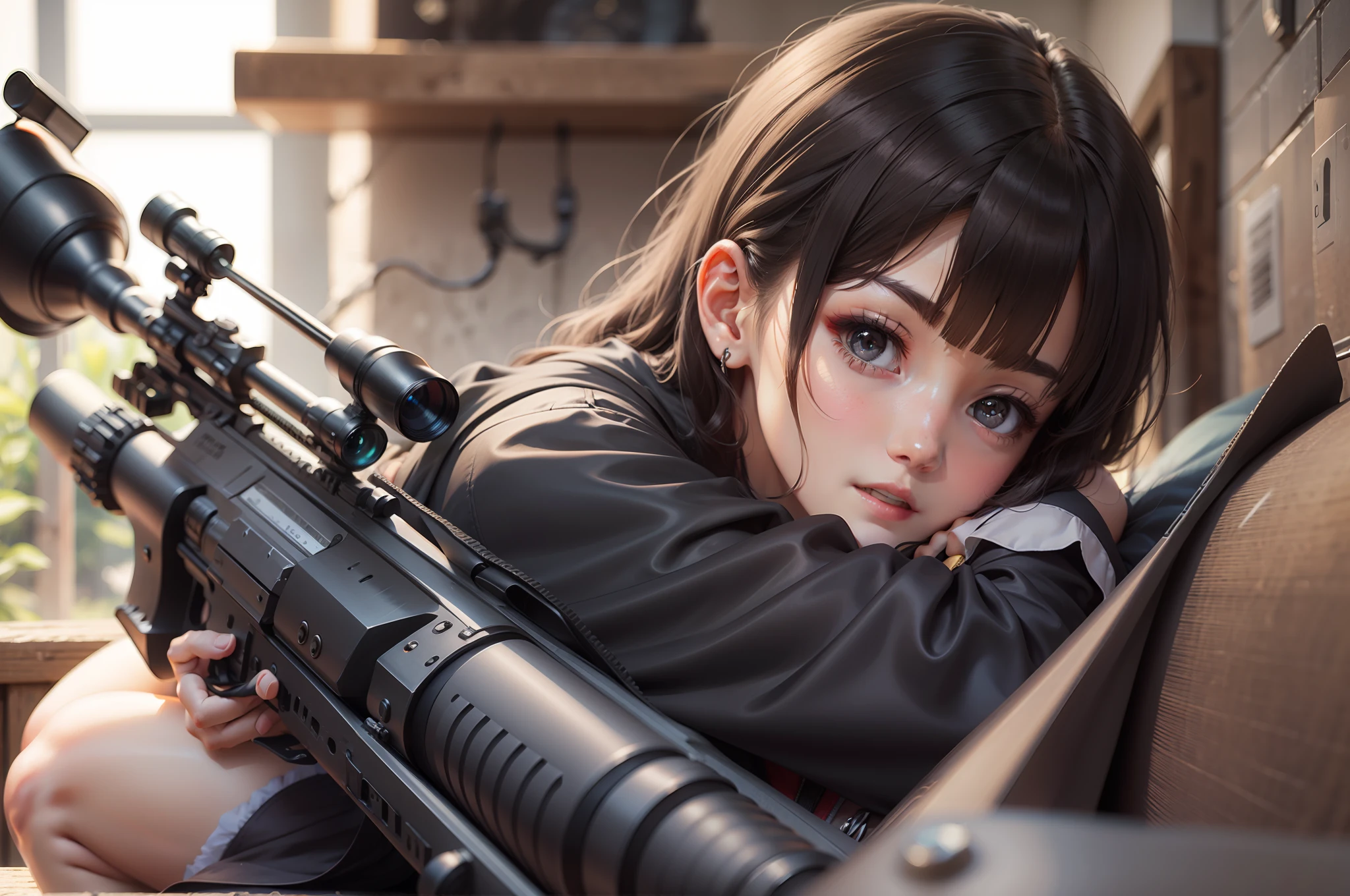 JK girl wearing black silk holding a sniper rifle，k hd，rays of sunshine