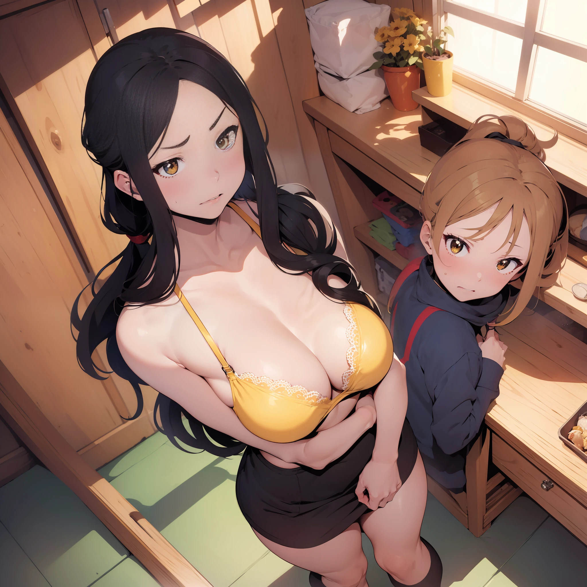 one woman, taking off clothes,from above, tall of a person,yellow bra,yellow panty,thin,gleaming skin,beautiful face,sharp eyes,brown eyes,flushed cheeks,embarrassed,angry,long hair,ponytail, black hair,slender face,indoor,illustration style,anime style,masterpiece, extremely fine and beautiful,illustration,adult woman