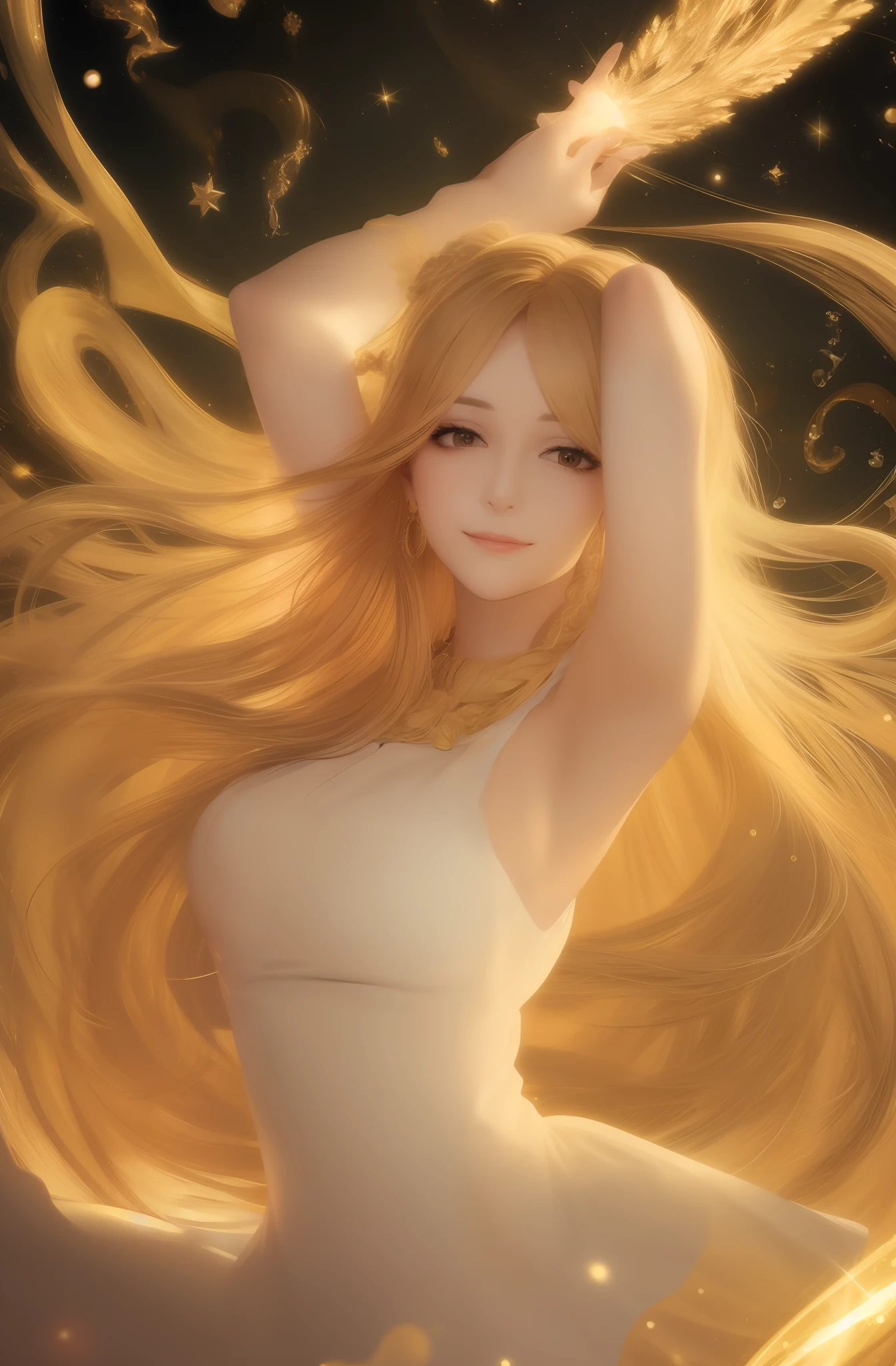 best quality, masterpiece, upper body,
(adult:1.6) hungarian woman, (smirk:0.4), arms behind head,
braided golden hair,
sparkling eyes,
victorian sundress,
floating light particles, centered,