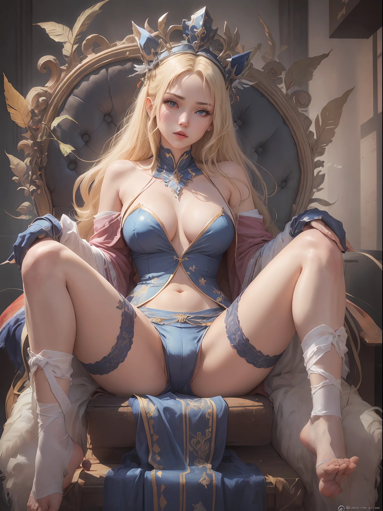 A sexy blonde beautiful girl，Blue eyes，Sit on a feather-covered throne，Red-faced，style of anime，seminude，sexyposture，opening legs，lie，（spread --auto --s2