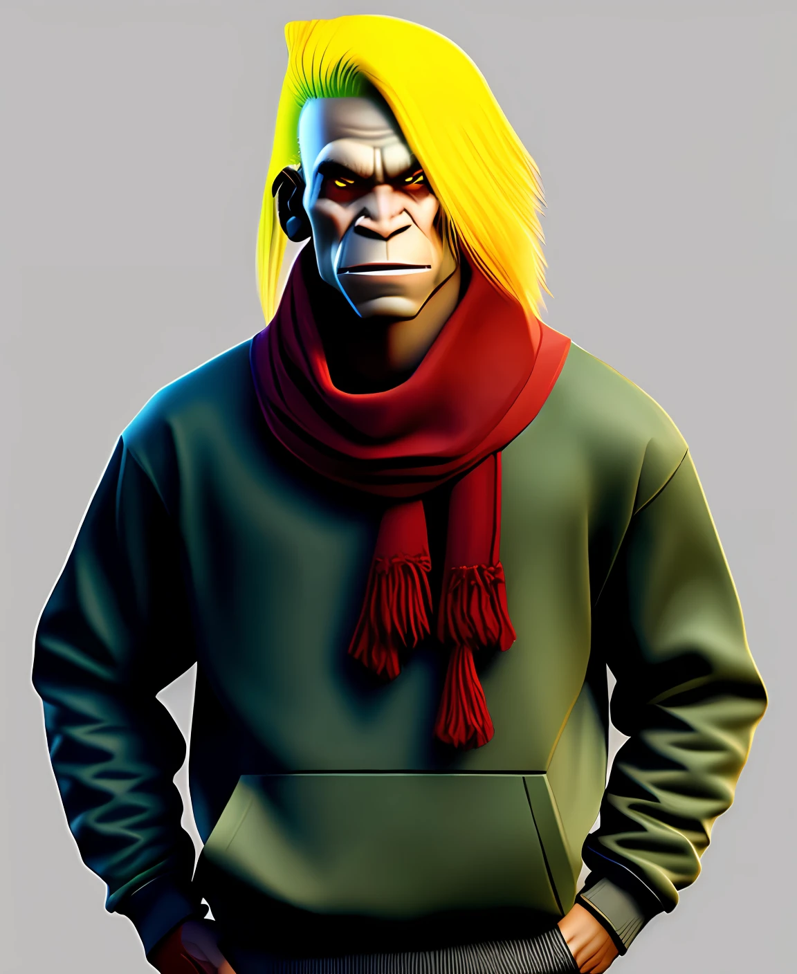 Wolf orcs，Wolf ears，Wolf tail，Yellow hair，2-dimensional，schoolboy，Red scarf，Gray sweatshirt，standingn，Side Body