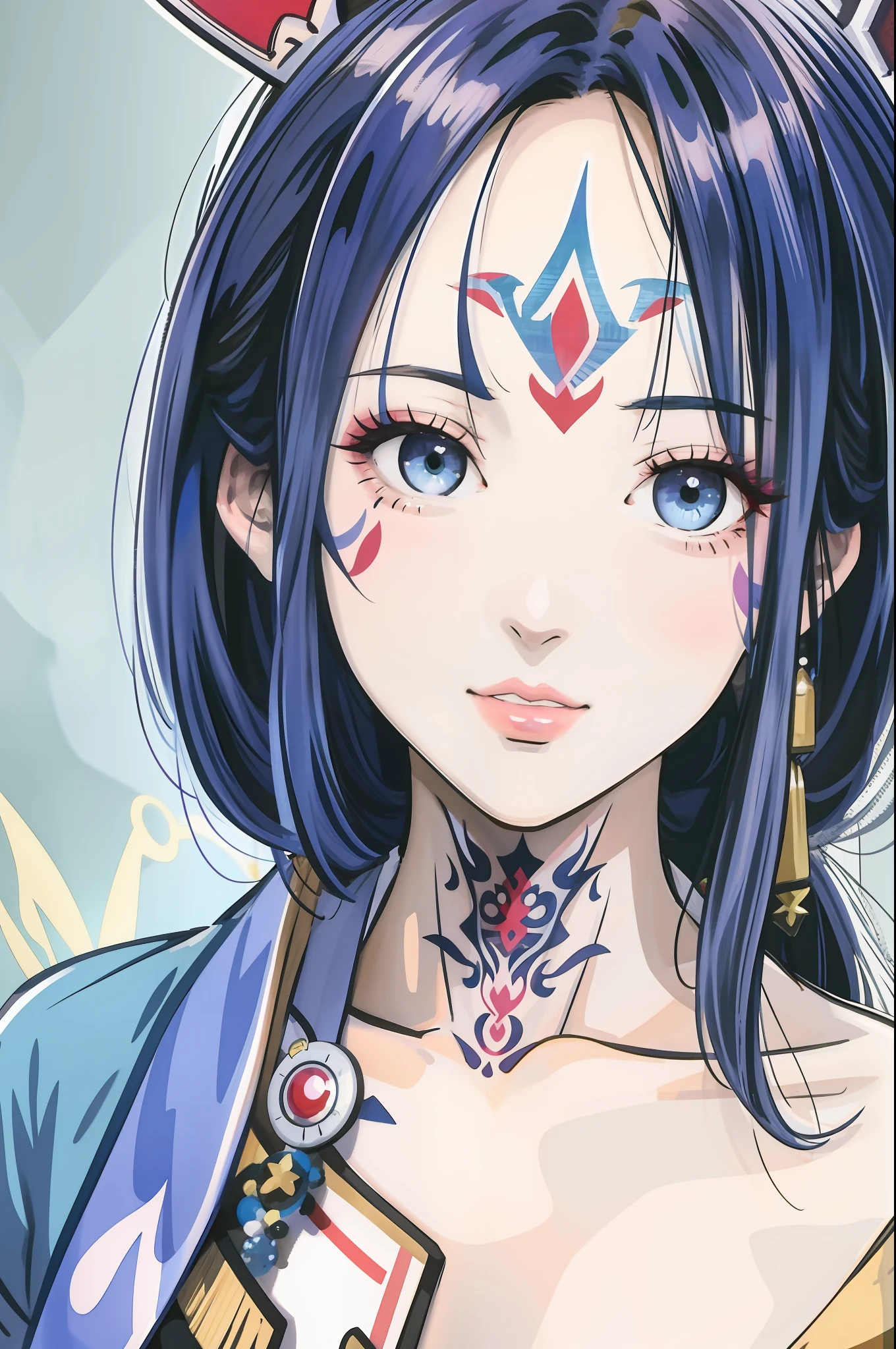 anime girl with blue hair and tattoos on her chest, Stunning anime face portrait, Detailed digital anime art, detailed portrait of an anime girl, digital anime illustration, a beautiful anime portrait, Beautiful anime artwork, Portrait Chevaliers du Zodiaque Fille, anime style artwork, anime illustration, Anime style illustration, detailed anime character art, style of anime4 K, beautiful anime art style, anime fantasy illustration,There are long tattoos on the face