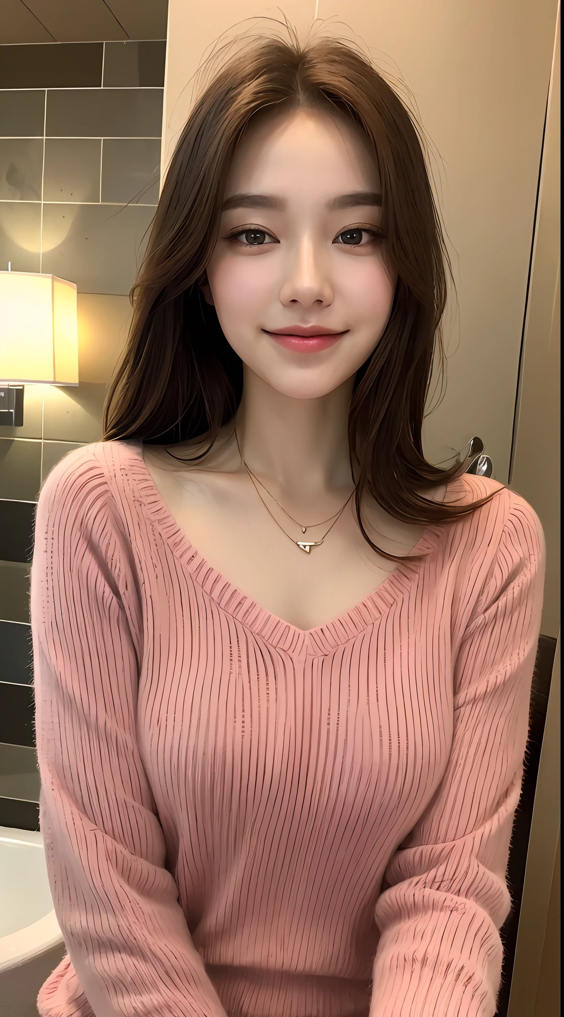 ((Night, Realistic Light, Best Quality, 8K, Masterpiece: 1.3)), 1 Girl, Slim Beauty: 1.4, Abs: 1.1, (Brown Hair, Big: 1.3), Long Pink Sweater: 1.1, Bathroom, Super Beautiful Face, Delicate Eyes, Double Eyelids, Smile, Necklace