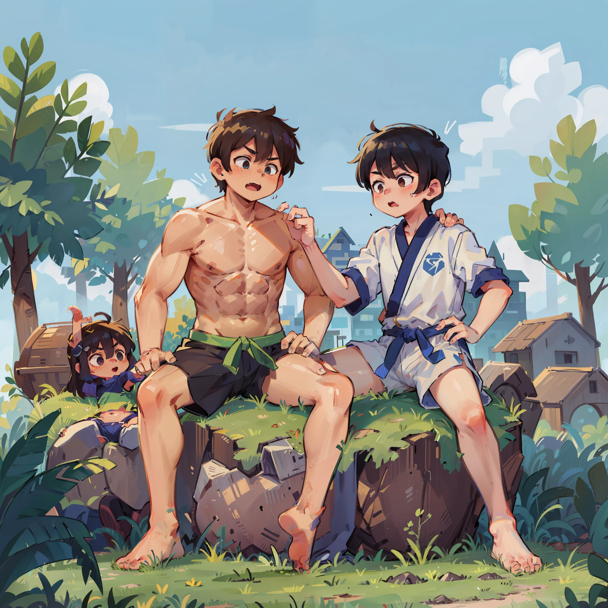 younge boy，Barefoot，Abs，adolable，musculature，A dark-haired，Martial arts uniform，Sit on the lawn，Boy，Cute boy，bare-legged，shortpants，Muscles are strong，Healthy Boy，chest muscle