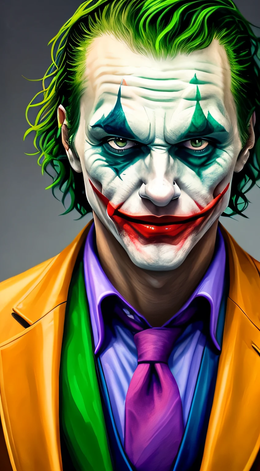 joker painting of a man with green hair and a yellow jacket, digital art by Nicholas Marsicano, reddit, digital art, portrait of joker, portrait of the joker, portrait of a joker, the joker, joker, from joker (2019), #1 digital painting of all time, # 1 digital painting of all time, film still of the joker --auto