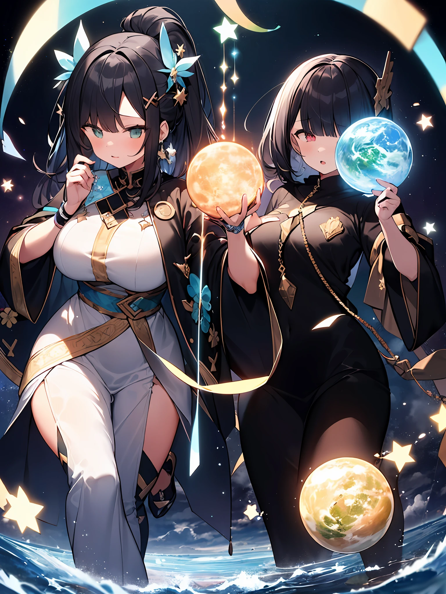 ((2 girls)).((2 goddes)),SKSW,AJC Giga,TICKER PLANET,AJC S Pace,2 girls,goddes, break golden hair, Green eyes, Elegant, Ethereal, oud, flowing robe, Um ser celestial,goddes, break goddes gril,Black hair,Red Eyes,oppai ,Lori,gigantic-breast,flowing robe, break cosmic energy, celestial spheres, Starry Night, swirling galaxies, divine presence, serene expressions, divine radiance, heavenly aura, cosmic creation, celestial alignment, harmonious balance, astral planes, cosmic dance, Transcendent beauty, celestial harmony, cosmic forces, divine intervention, mystic symbols, a captivating gaze, celestial enchantment.BREAK (high contrast RGB color universe) BREAK ((High Contrast RGB Effects, LED Effects, kaleidoscope effects, Shining effects, Glitter RGB effect)), (Ripple Effect:1.2) BREAK