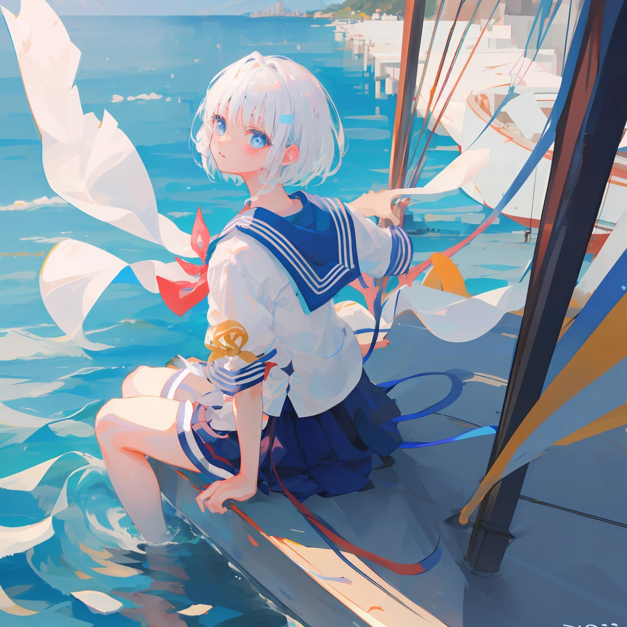 White hair, short hair, blue eyes, two-dimensional sailor suit, beautiful girl